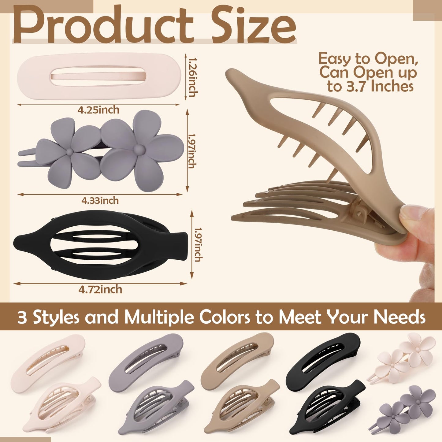 8 Pcs Flat Hair Clips for Women, 2 Styles Large Flat Claw Clips for Women, Strong Hold Non-slip French Hair Clips for Thick Thin Hair, Neutral Color WN420