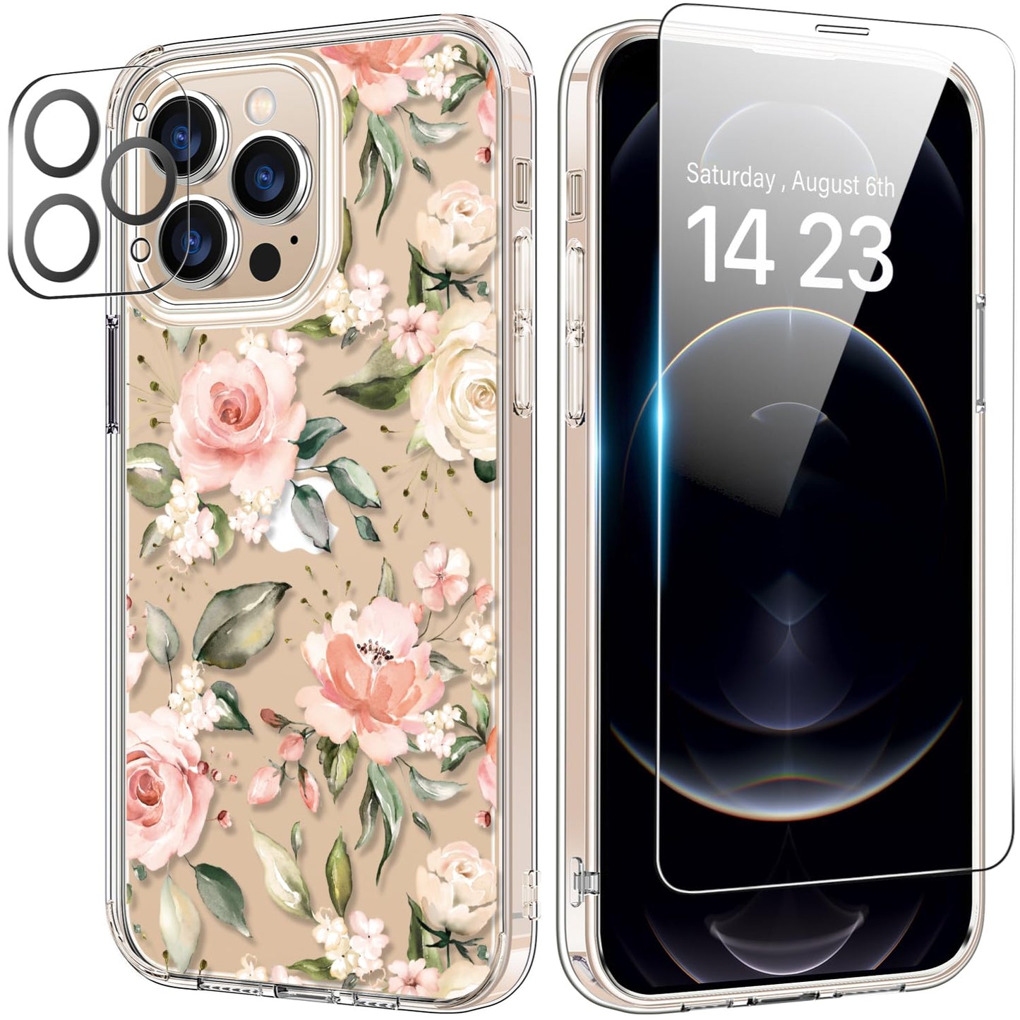 bicol for iPhone 12 Pro Max Case with Screen Protector and Camera Lens Protector - Fashionable Flower Floral Designs for Women Girls - Shockproof Acrylic Clear Phone Cover 6.7" - Blooming Flowers WN420