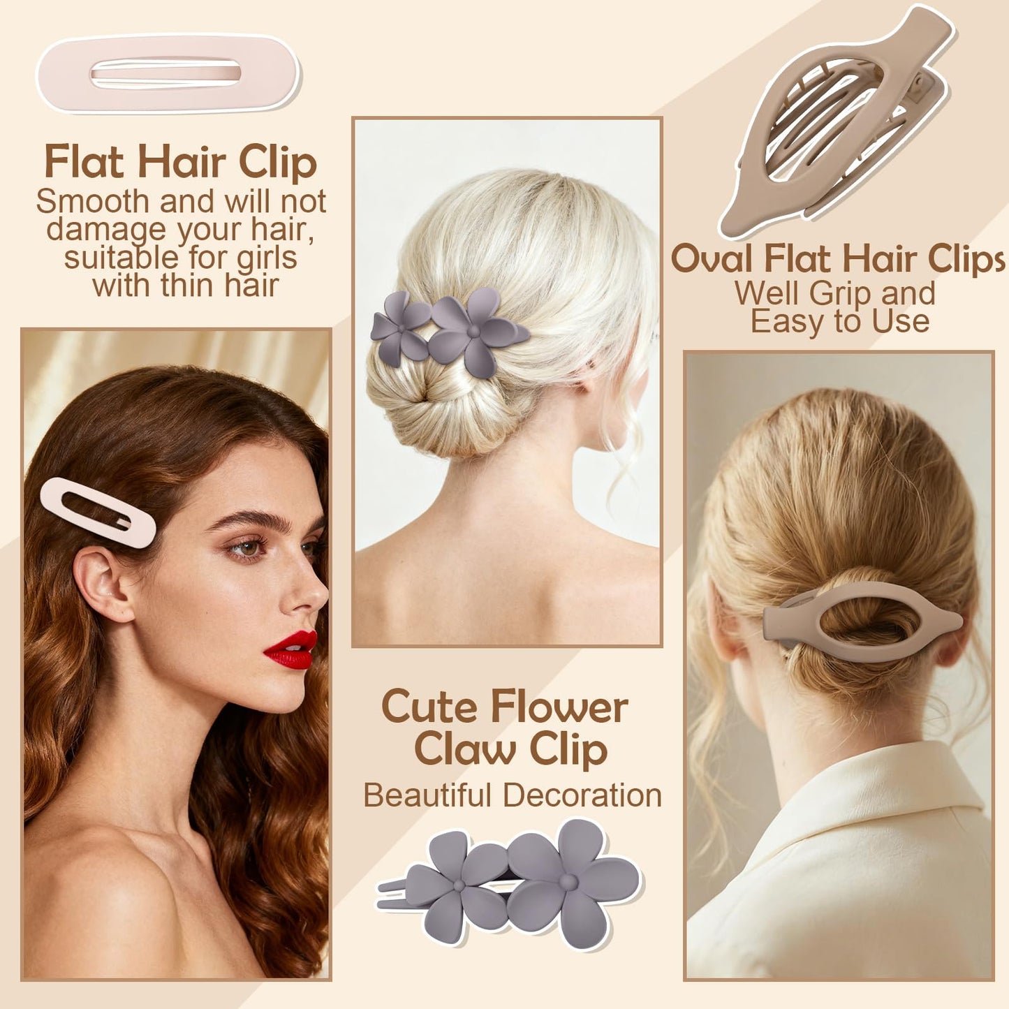 8 Pcs Flat Hair Clips for Women, 2 Styles Large Flat Claw Clips for Women, Strong Hold Non-slip French Hair Clips for Thick Thin Hair, Neutral Color WN420