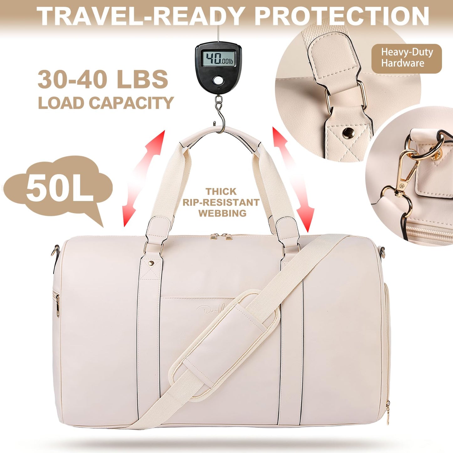 Large 4-in-1 Leather Duffle Bag for Travel Weekender Overnight Hospital Gym Bag for Men & Women, Carry On Airline Approved Personal Item Duffel Garment Bag Luggage with Shoe Compartment & Toiletry Bag BST326H