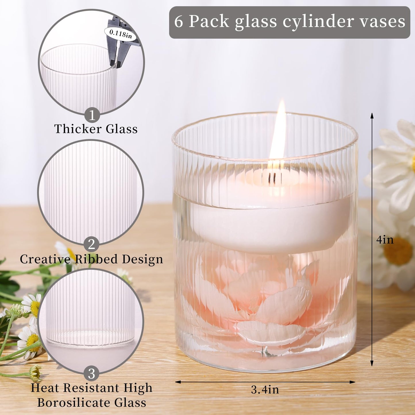 Glass Ribbed Cylinder Vases, 8 Inch Tall, Clear, Pack of 3 | Flower Vases in Bulk, Hurricane Floating Candle Vases, For Party Home Decor BST326H