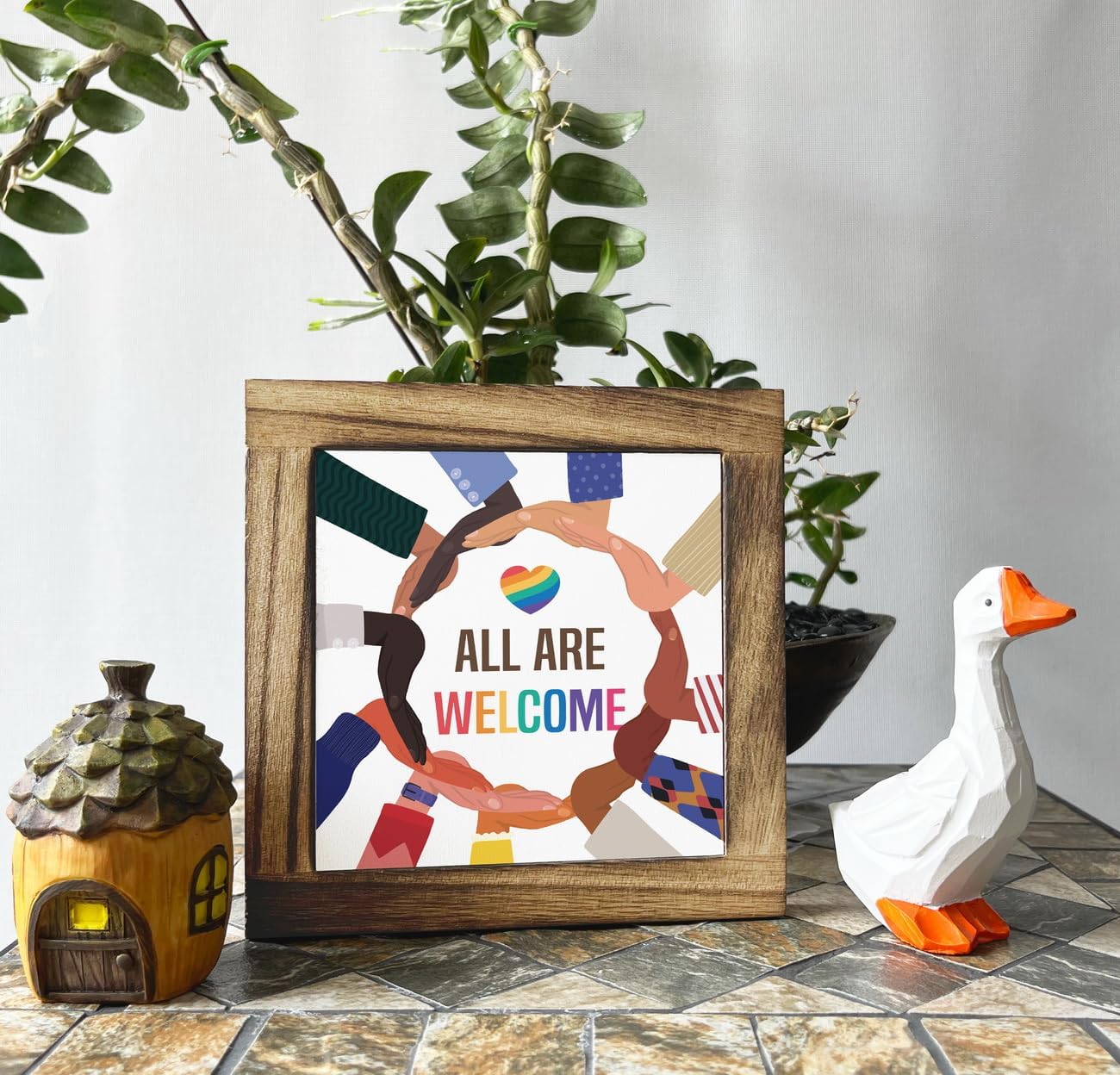 Welcome Sign - All Are Welcome, Wooden Plaque, Table Art, Diversity & School Classroom Decor, Farmhouse Style Home & Office Desk Decor BST202
