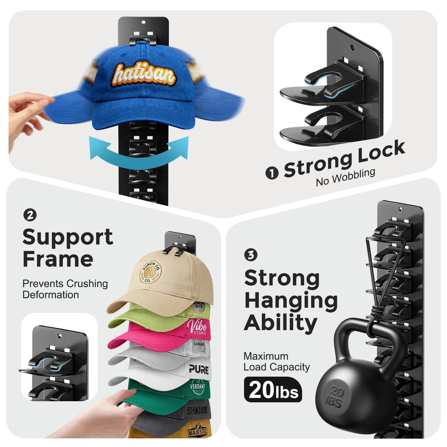 Hat Hook for Wall, 2 Pack Hat Organizer Hold up to 20 Hats,Hat Holder with Strong Adhesive and 8 Pack Screws, Cap Holder Hat Hangers for Wall Closet Door and Bedroom(B-Black) BST220