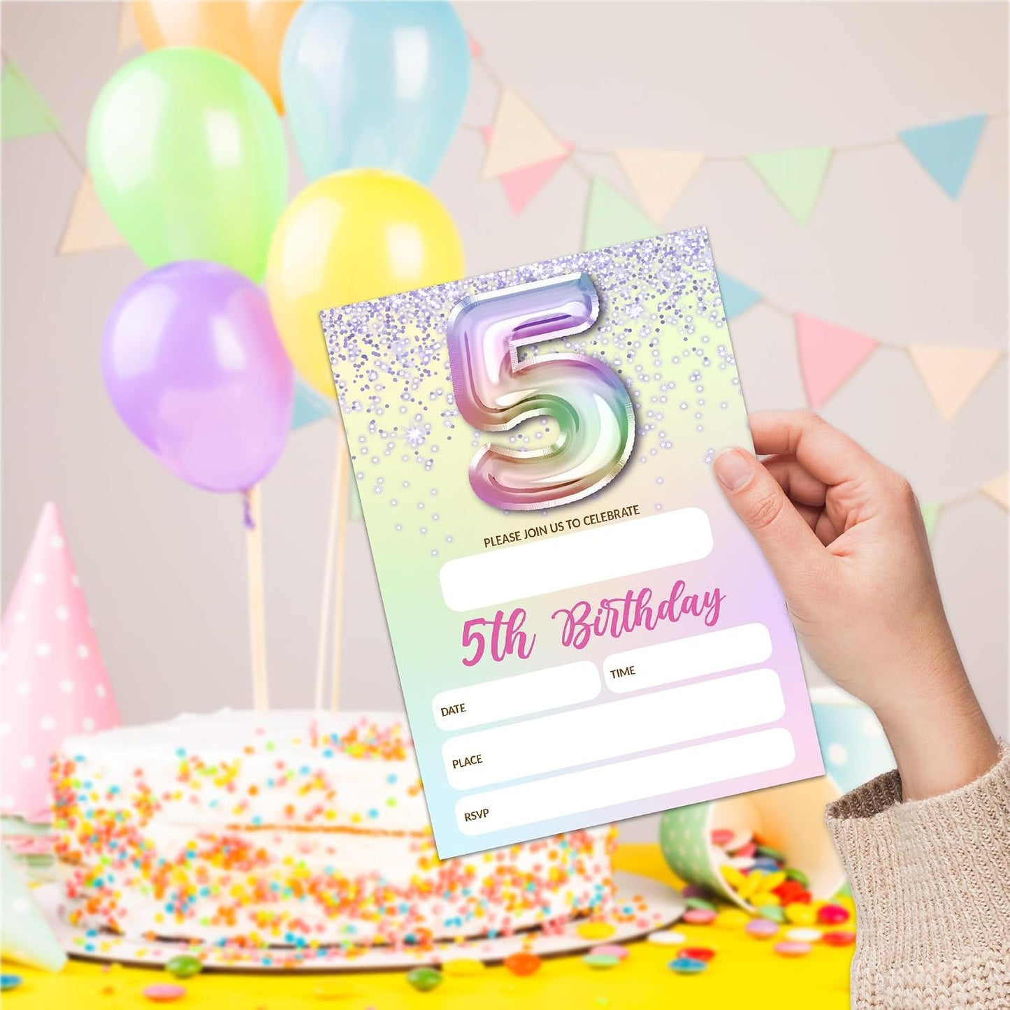 5th Birthday Invitations For Girl,Purple Glitter Birthday Invites, 20 Fill-in Rainbow Balloons Invitation Cards With Envelopes, Fifth Party Decorations 4x6 Inch-D05 WN420