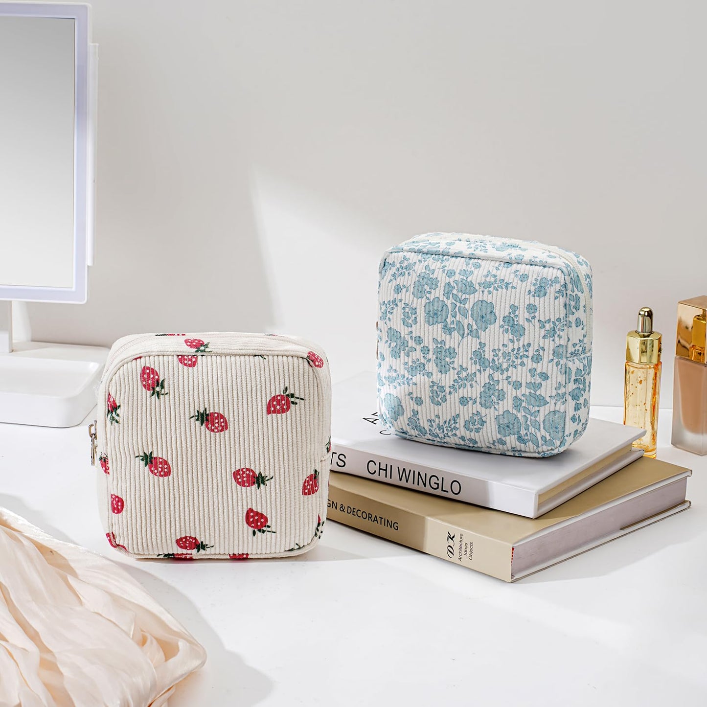 uekeboag Cute Small Corduroy Zipper Makeup Bag, Mini Coquette Aesthetic Pouch with Bear Pattern for for Purse,Key Pocket Lipstick Bag Card Holder Data Cable Organizer (12Hot Pink) BST220