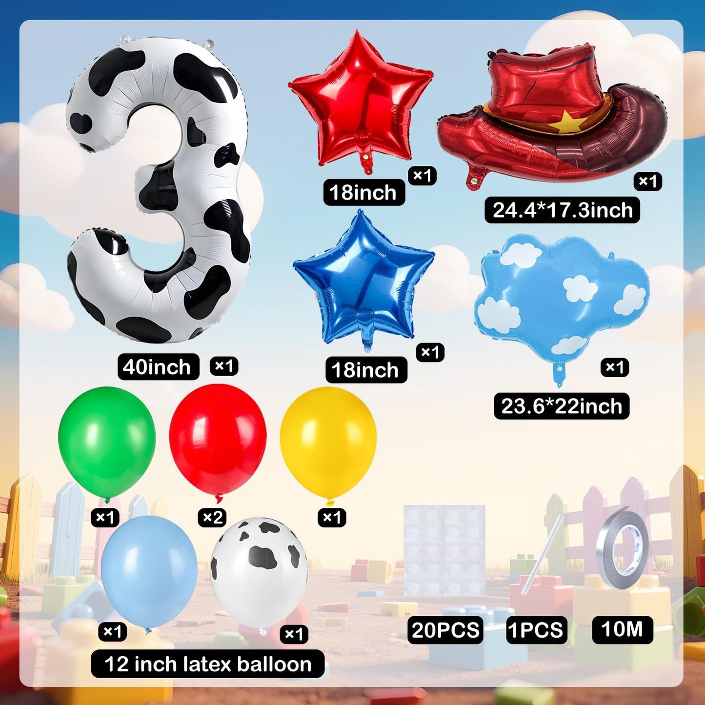 11-Pack Cowboy Theme Balloon Set, Farm Theme Decorations, Balloons with Hats and Clouds, Boys and Girls Birthday Party Supplies (1) BST202