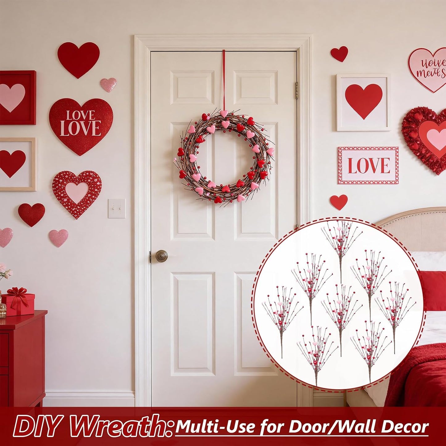 Wedding & Anniversary Decorations 8 Pcs 17 Inch Artificial Hearts Berry Stems, Romantic Wedding Floral Picks for Bridal Bouquets, Table Centerpieces & Vase Decor BST326H