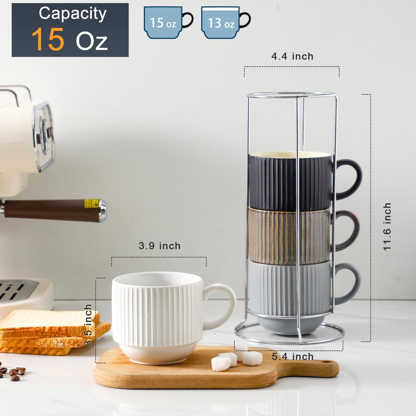 HASENSE 15 oz Ribbed Stackable Coffee Mug Set of 4, Porcelain Latte Cups with Metal Rack, Dishwasher & Microwave Safe, Cappuccino Tea Hot Cocoa, White BST220