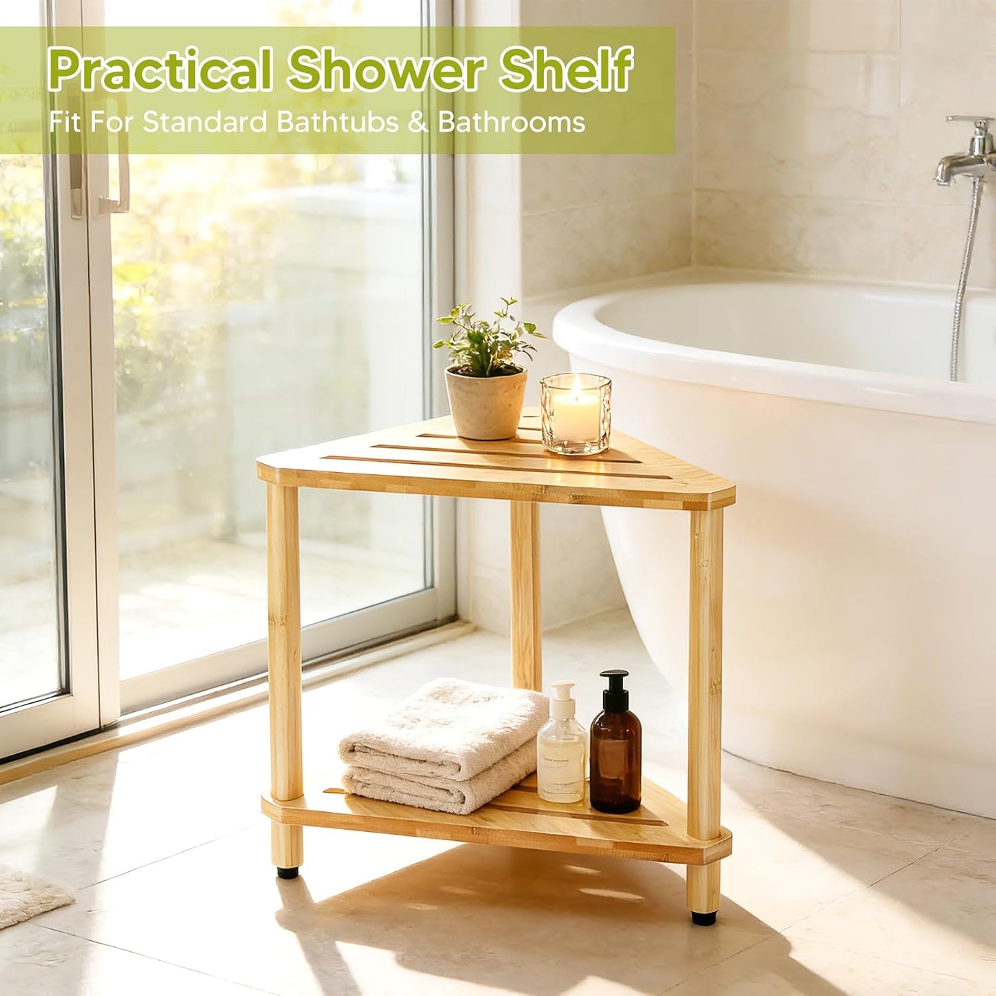 Bamboo Corner Shower Stool with Soap Dish, Waterproof Bath Bench Seat for Shaving Legs Inside Shower, 2-Tier Height Adjustable Foot Rest with Storage Shelf, Corner Bench for Women BST326H