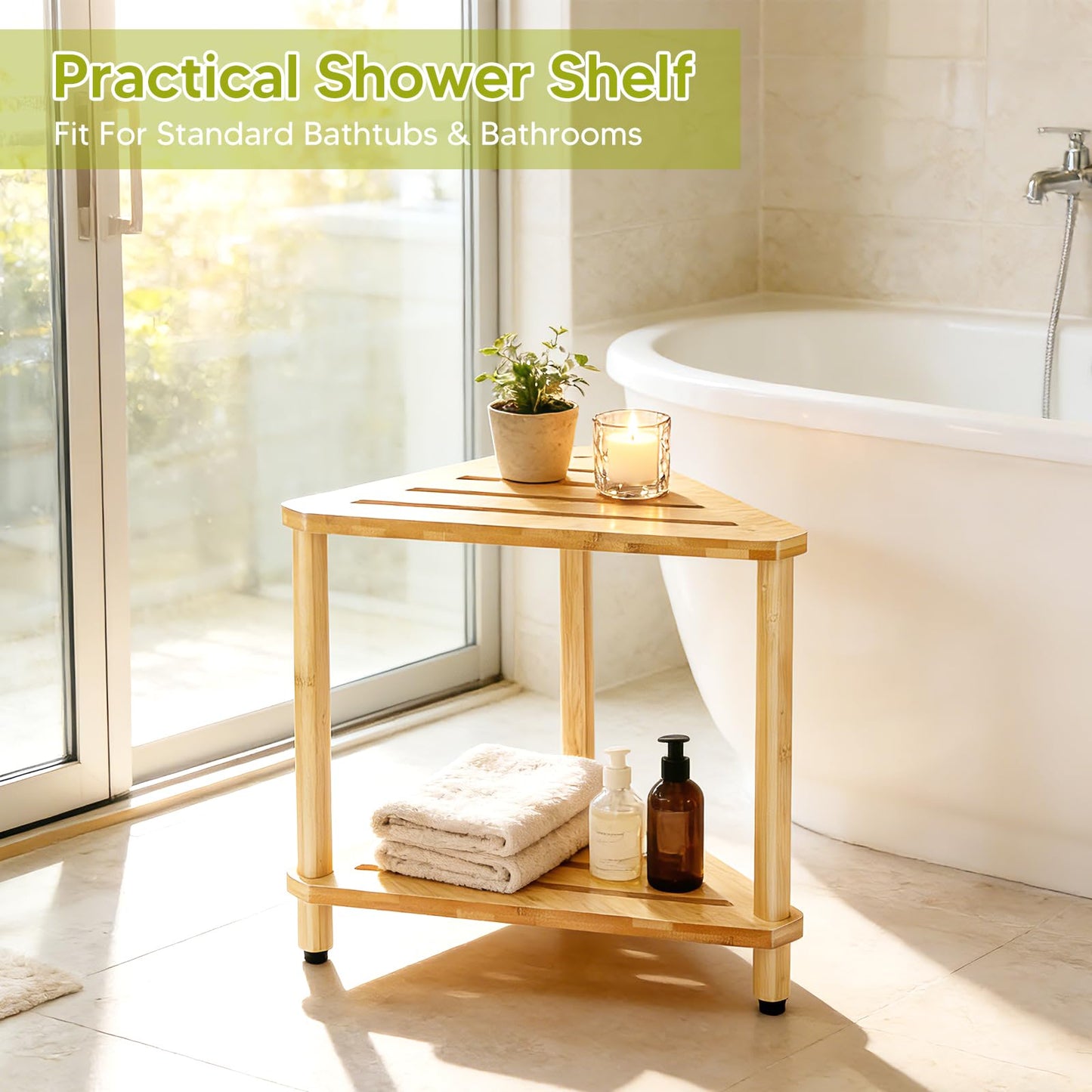 Bamboo Corner Shower Stool with Soap Dish, Waterproof Bath Bench Seat for Shaving Legs Inside Shower, 2-Tier Height Adjustable Foot Rest with Storage Shelf, Corner Bench for Women BST326H