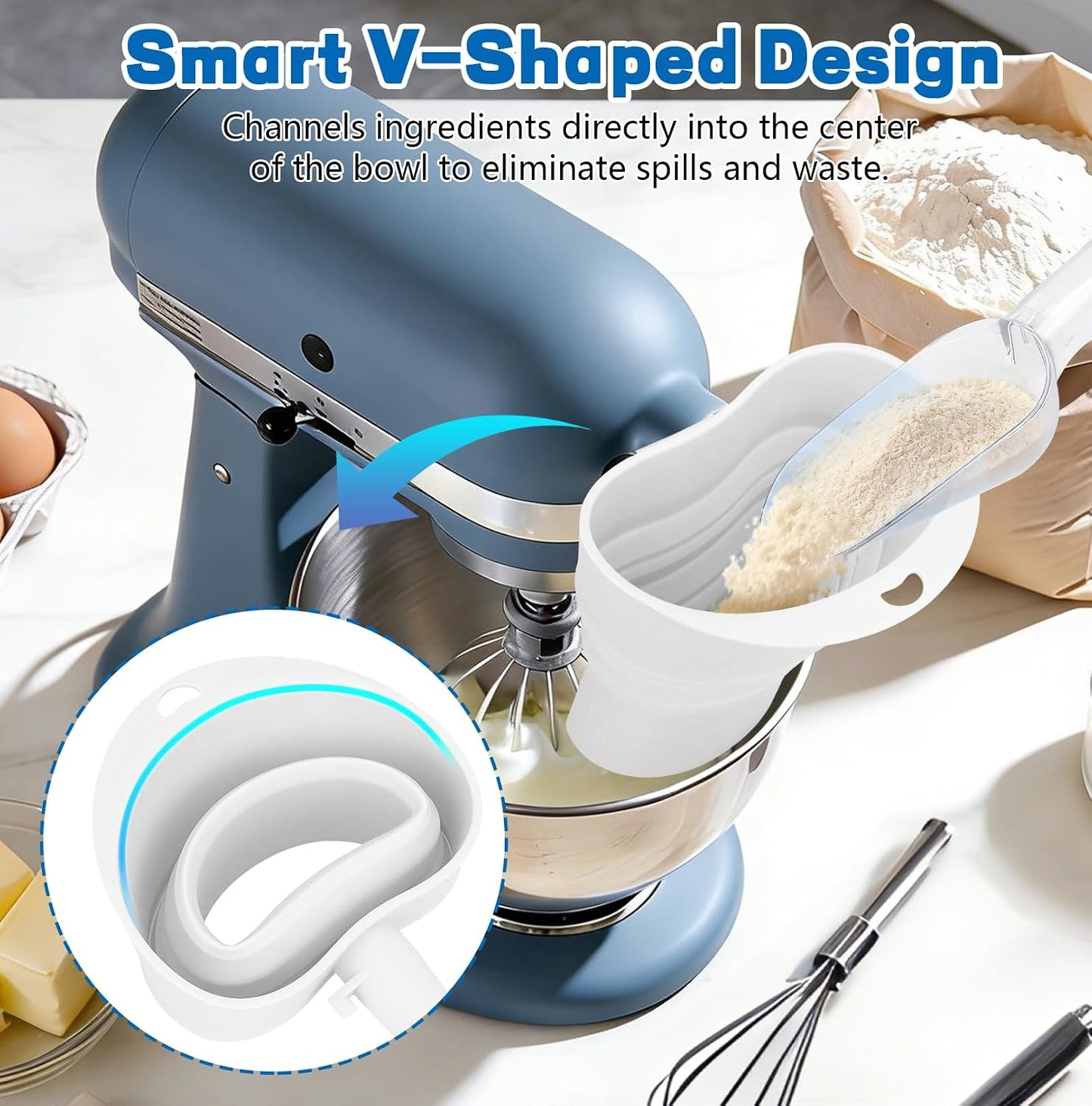 No-Mess Flour Funnel for Kitchen Aid Mixer Set, Extended Mouth Foldable Flour Funnel for Kitchenaid Stand Mixer Attachments for 4.5-7 Quart KSM150, Dishwasher Safe Pouring Chute BST326H