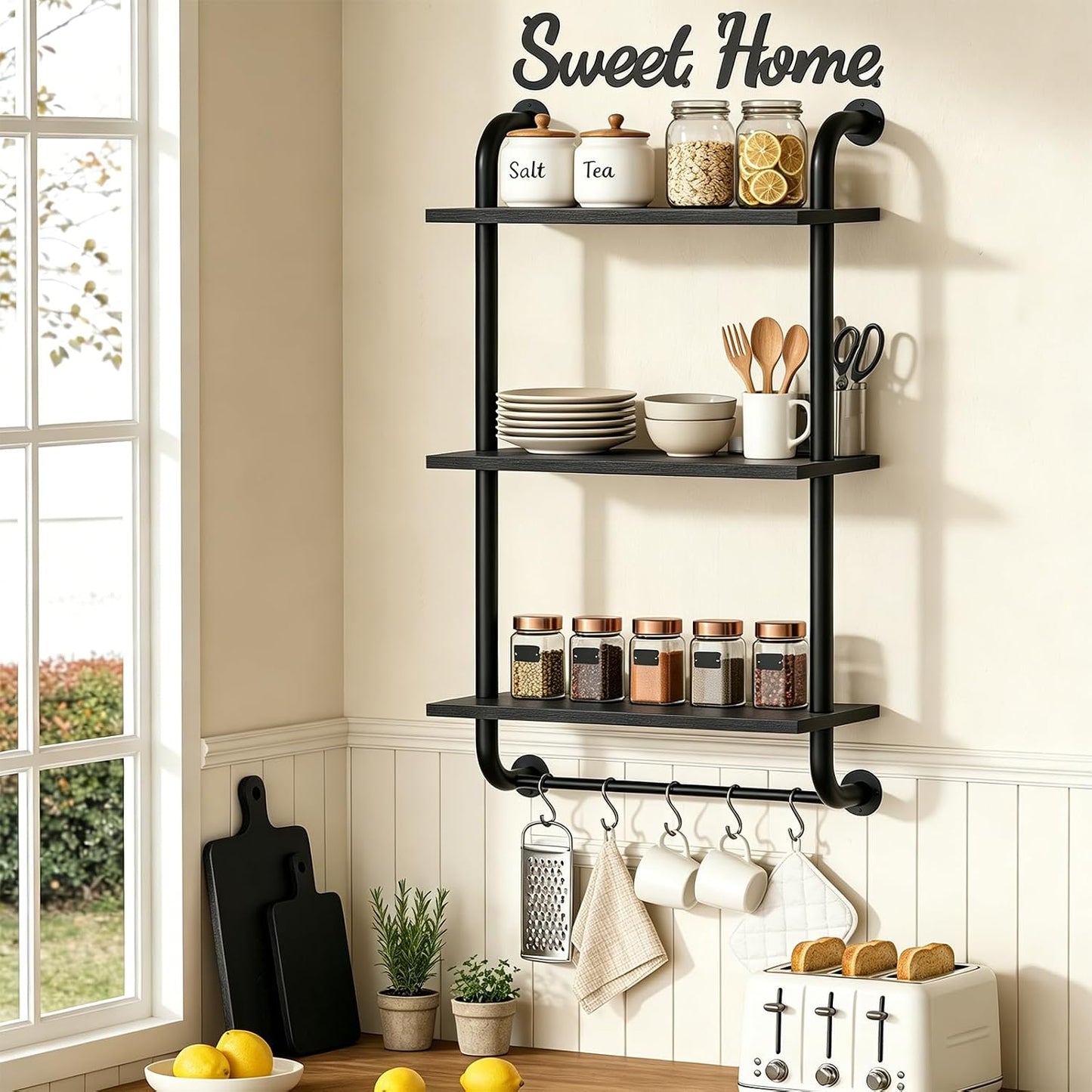 Tinpin Bathroom Shelves Wall Mounted, Rustic Farmhouse Pipe Shelves, Walls Shelf 3-Tier, Industrial Pipe Shelving, Floating Shelf Wall Decor for Bathroom, Kitchen, Bedroom, Living Room 17.3in Black DD1210