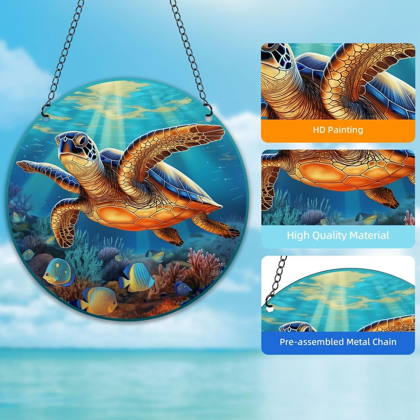 HOTIYOK Sea Turtles Stained Glass Window Hangings Panels Acrylic Underwater World Marine Life Home Wall Decor for Indoor, Ideal Housewarming Gift for Mom Grandma Wife Teacher BST220