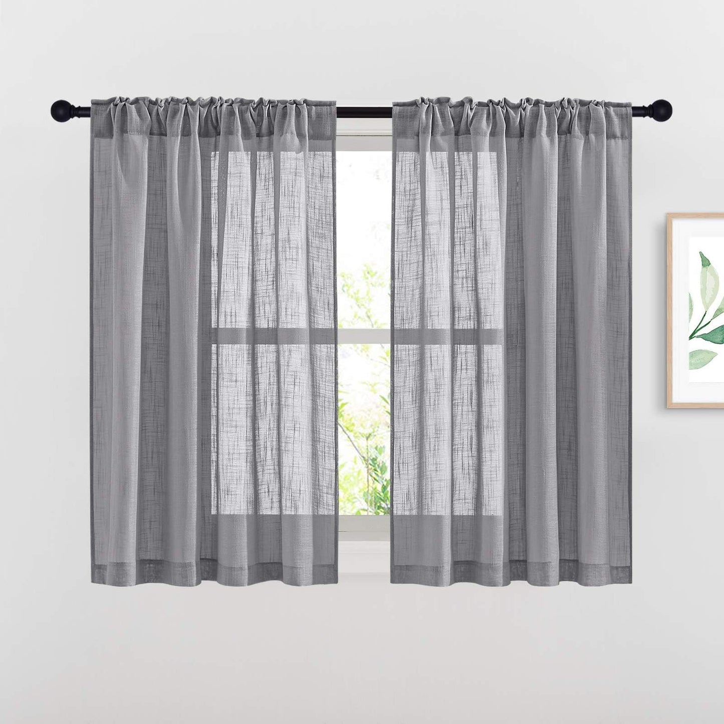 NICETOWN White Semi Sheer Kitchen Curtains 30 inch Length, Rod Pocket & Back Tab Faux Linen Blend Privacy with Light Filtering Window Drapes for Cafe, W34 x L30, 2 Panels BST220