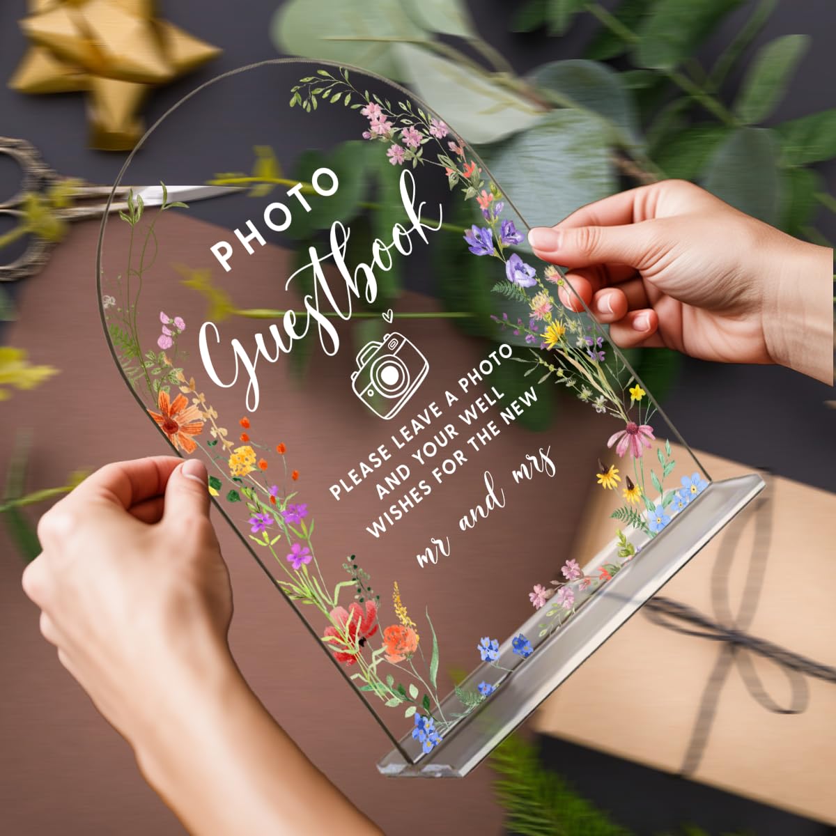 Acrylic Wedding Signs, Pick A Card Signs for Marriage Reception, Bridal Shower Decorations, Modern Arched Round Top Acrylic Table Top Sign with Holder for Wedding Party Dinner (Clear Wildflowers) BST326L