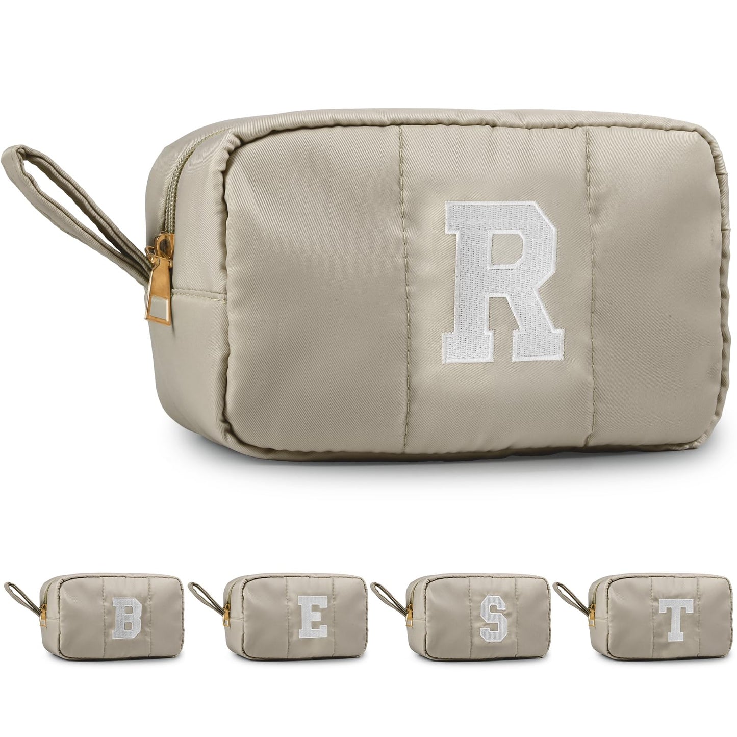 Puffy Makeup Bag for Women,Initial Cosmetic Bag,Cute Travel Toiletry Bag,Puffer Make Up Organizer Bags with Compartments,Personalized Gifts for Girlfriend Bridesmaid Teacher Graduation (Khaki gray, E) BST202