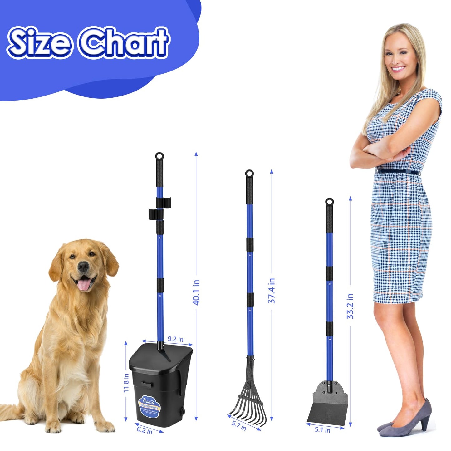 SlowTon Dog Pooper Scooper - 37.4" Long Metal Handle Adjustable Rake & Spade & Swivel Bin with 10 Waste Bags, Portable Pooper Scooper N3233
