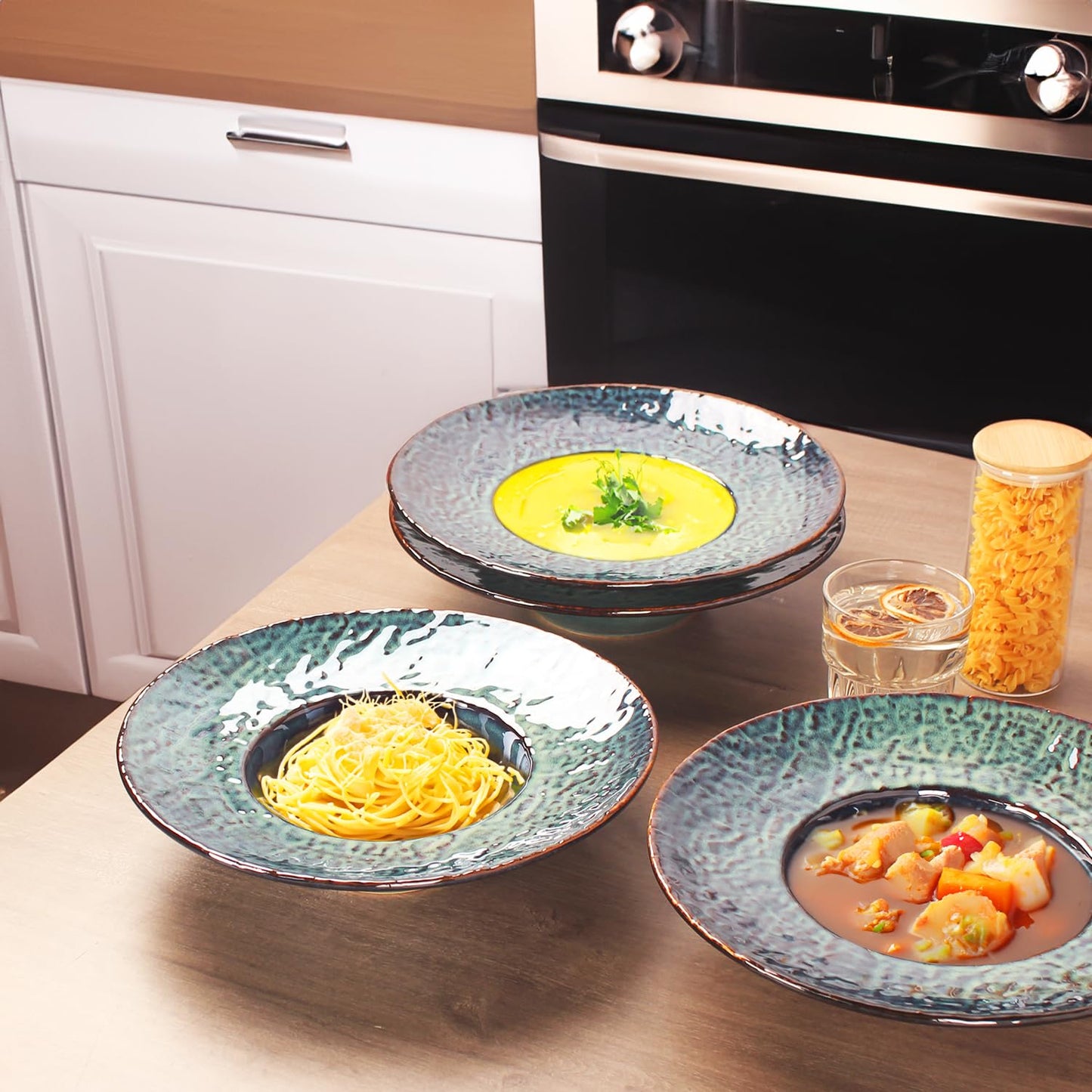 Ceramic Rimmed Soup Plate, Soup Bowl 6.4 oz, Pasta Bowl Set of 4, Shallow Bowl Plate with Rim, Best choice for high-end restaurants, hotels, and foodies, Teal reactive glaze, 9.3 Inch BST202