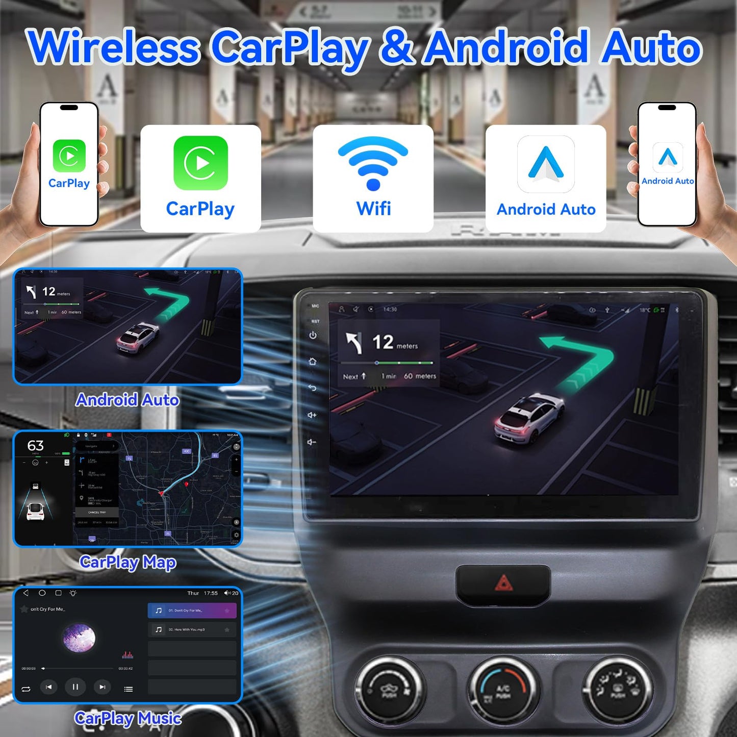 4+64G Car Radio for Dodge Ram 9 inch Touch Screen 2019 2020 2021 2022 2023 2024 Stereo,Wireless Carplay/WiFi/Bluetooth/EQ Audio/Andriod Auto/AM/FM/Navigation/AHD Camera