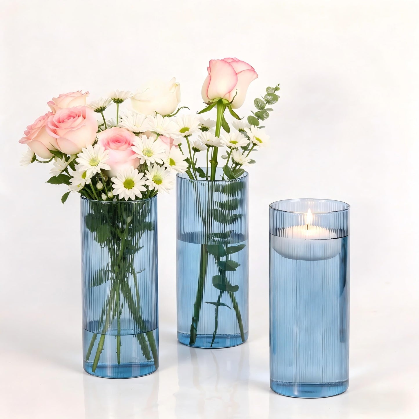 Glass Ribbed Cylinder Vases, 8 Inch Tall, Clear, Pack of 3 | Flower Vases in Bulk, Hurricane Floating Candle Vases, For Party Home Decor BST326H