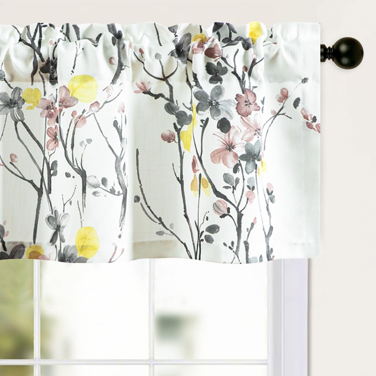Leeva Farmhouse Kitchen Valances for Windows, Watercolor Blossoming Floral Print Curtains, Soft Faux Linen Curtain Toppers and Valances for Bedroom, 60 x 14 Inch, Brown & Grey, 1 Panel BST220