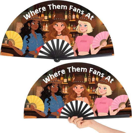 2 PCS Where Them Fans At Clacking Fans for Line Dancing, 13 Inches Large Festival Folding Fan, Boots On The Ground, 210D Oxford Cloth Pop Fan for Music Festival, Concert, Wedding, Halloween Party WN420