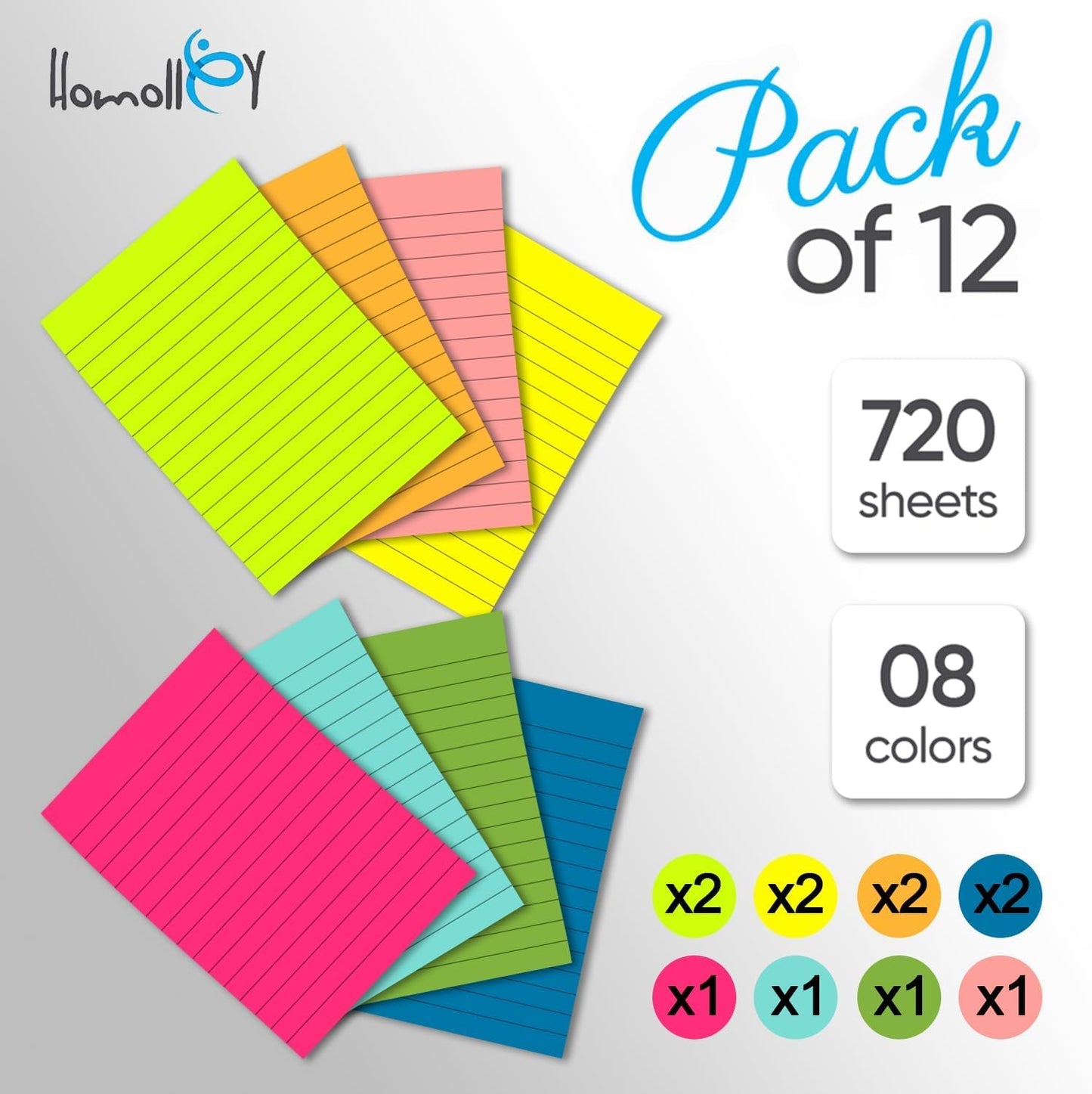 12 Pack Lined Sticky Notes 4x6 Inch – Large Ruled Self-Stick Note Pads (720 Sheets Total, 8 Bright Colors) with Strong Adhesive for Office, School & Home Use WN420