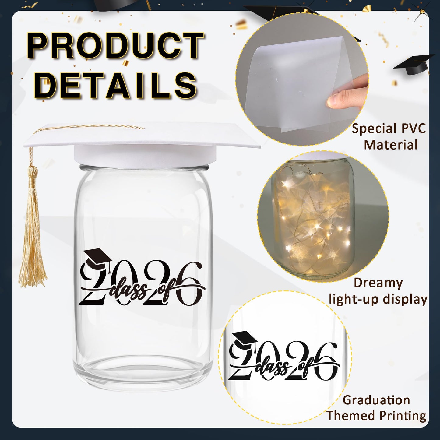 3 Sets 2026 Graduation Centerpieces for Tables, Glowing Mason Jar Centerpieces with Graduation Caps, Glowing Money Jars for College High School Congrats Grad Party Decor Supplies WN420