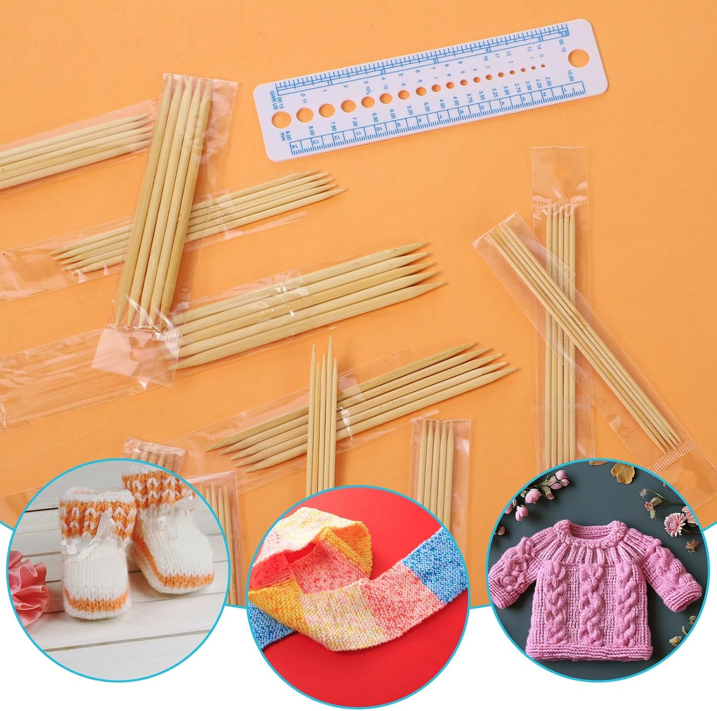 55PCS Wooden Knitting Needles, Double Pointed Knitting Needles Set, 11 Sizes Wooden Knitting Needles with Ruler for Socks Sweaters, 5.1 Inch BST326L