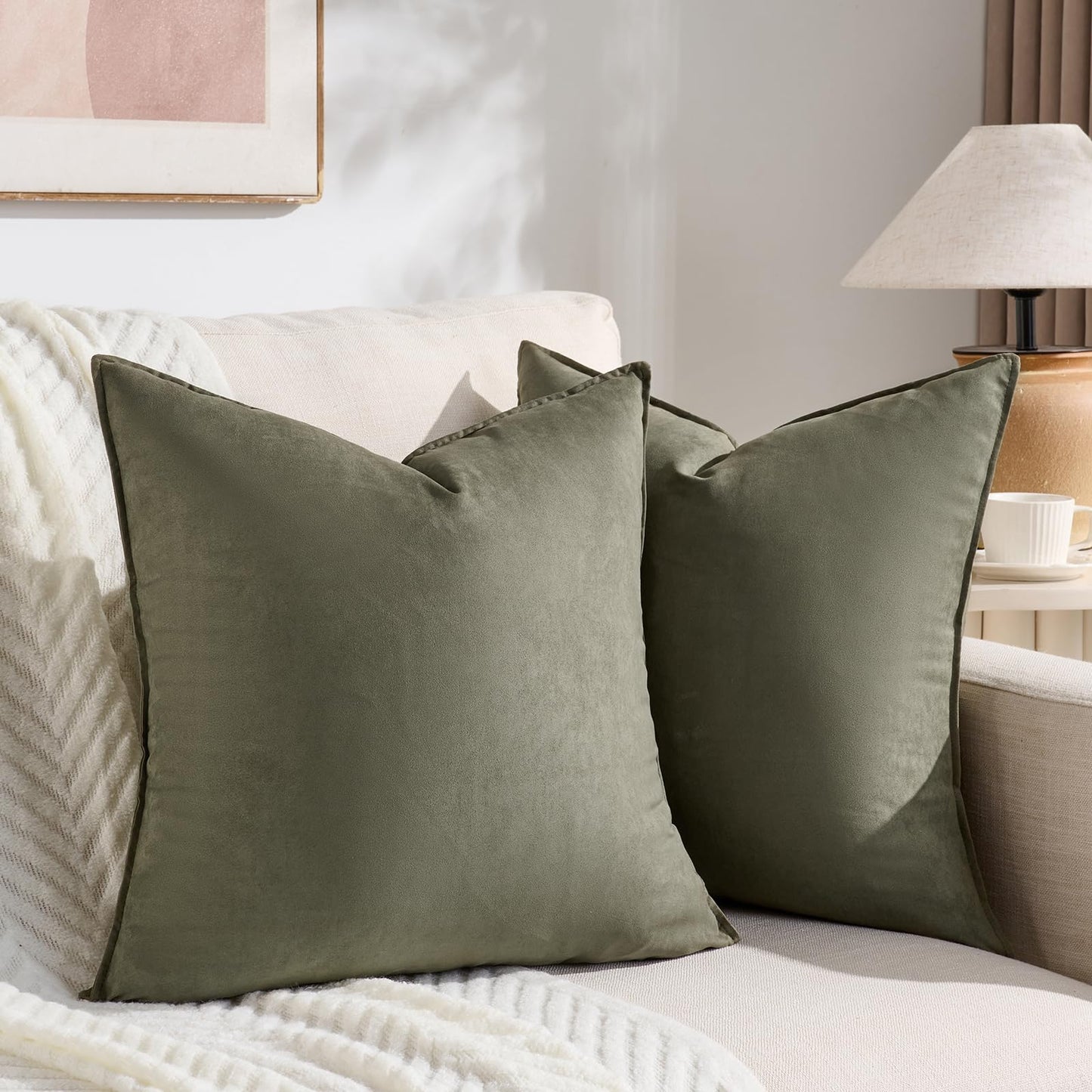 Fancy Homi 4 Packs Olive Green Decorative Throw Pillow Covers 18x18 inch, Super Soft Faux Suede Decor Square Pillow Covers 45x45 cm, Solid Cushion Cover for Couch Living Room Sofa Bedroom BST220
