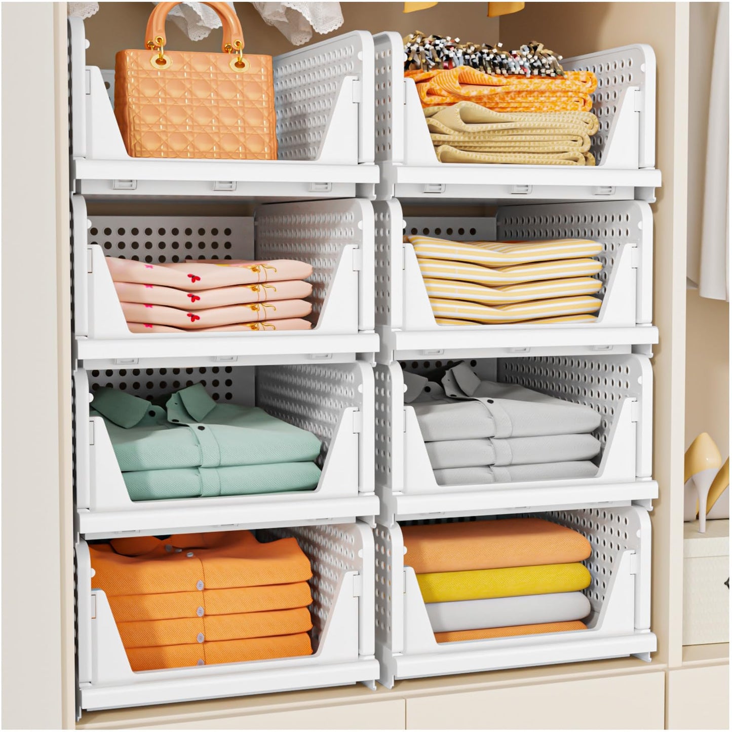 SNSLXH 5 Pack Stackable Closet Storage Basket, Multifunctional & Foldable Closet Organizer N28