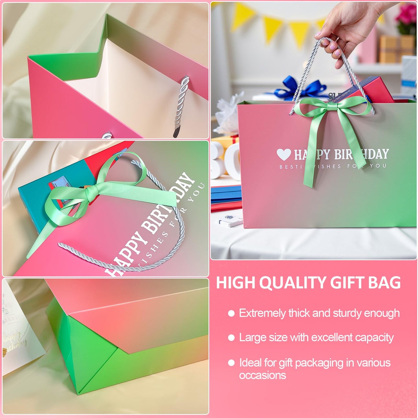 Kecorax Birthday Gift Bag for Women, 14" Large Birthday Bags Set for Girls with Tissue Paper, Card and Ribbons, Suitable for Birthday-themed Parties BST220