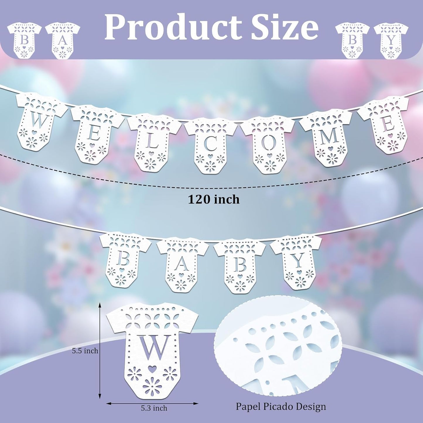 2 Pack White Papel Picado Banner, Mexican Welcome Baby Banner, Felt Onesie Baby Shower Garlands, Fiesta Gender Reveal Party Supplies, Baby Shower Backdrop Decoration Props BST220