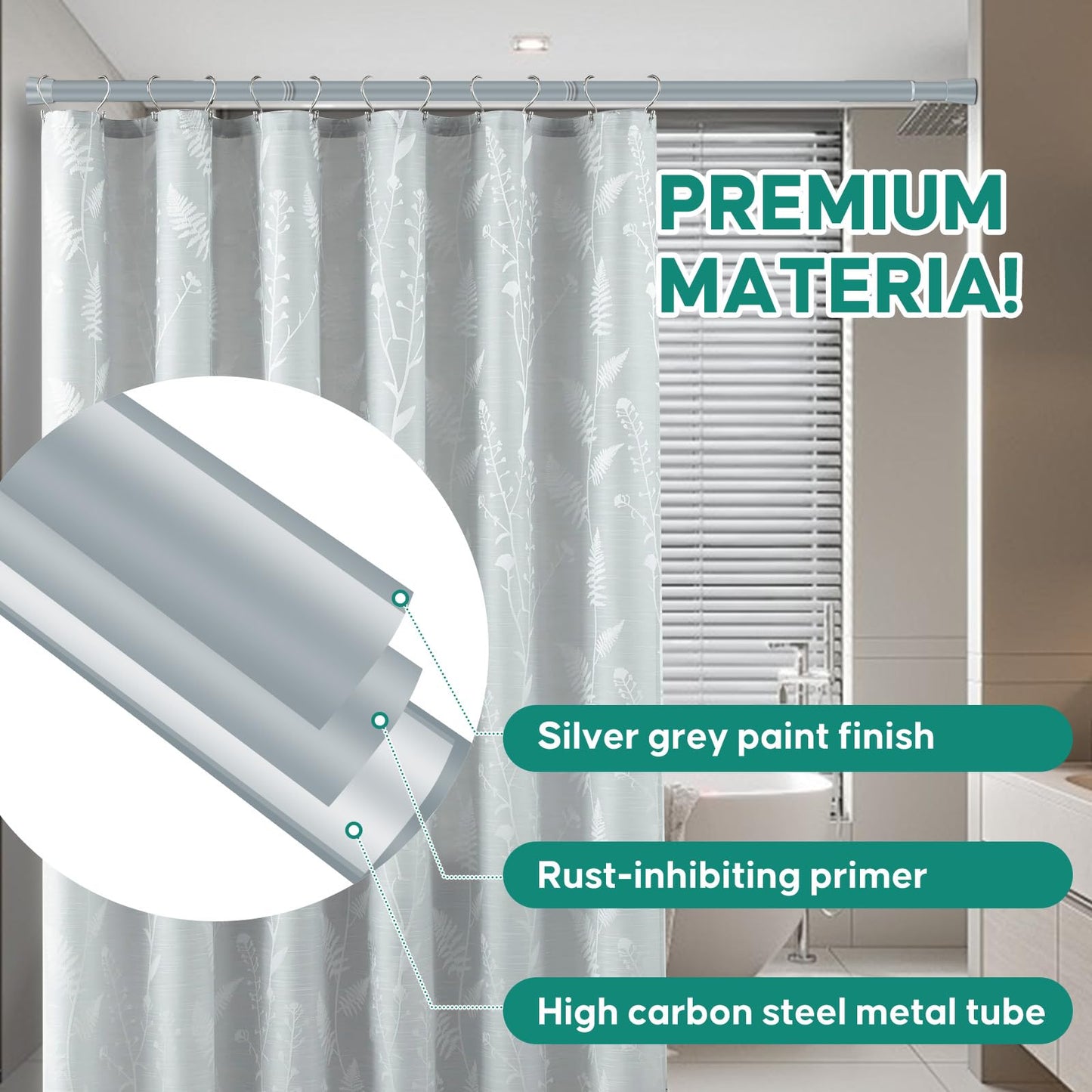 Silver Grey Adjustable Shower Curtain Rod 28-52 Inches 1pc, 7/8" Diameter Anti-slip Heavy Duty Tension Spring Curtain Rod No Drill for Windows Bathroom Kitchen Closet Doorway 22TD28-52SL BST202