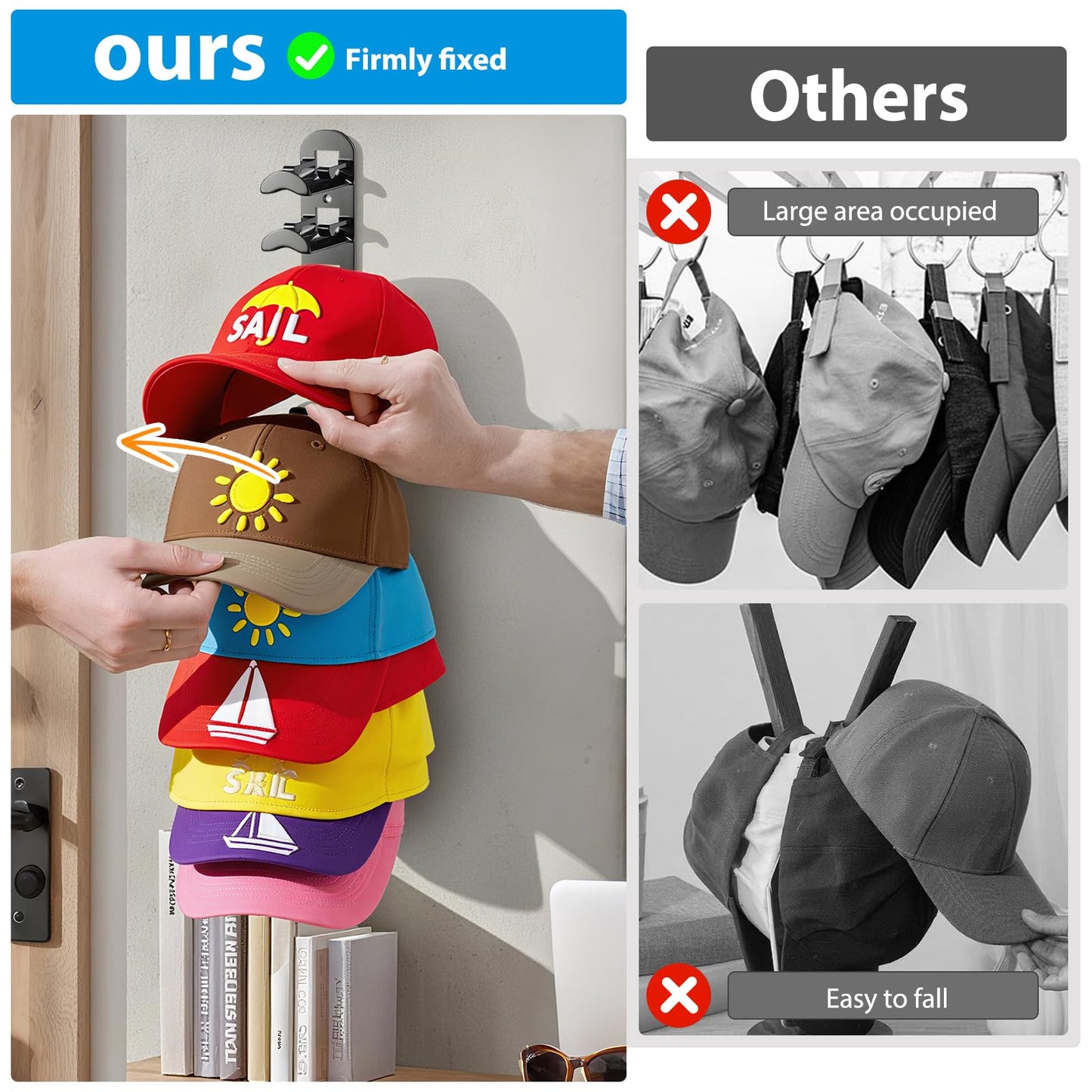 Hat Hook for Wall, 2 Pack Hat Organizer Hold up to 20 Hats,Hat Holder with Strong Adhesive and 8 Pack Screws, Cap Holder Hat Hangers for Wall Closet Door and Bedroom(B-Black) BST220