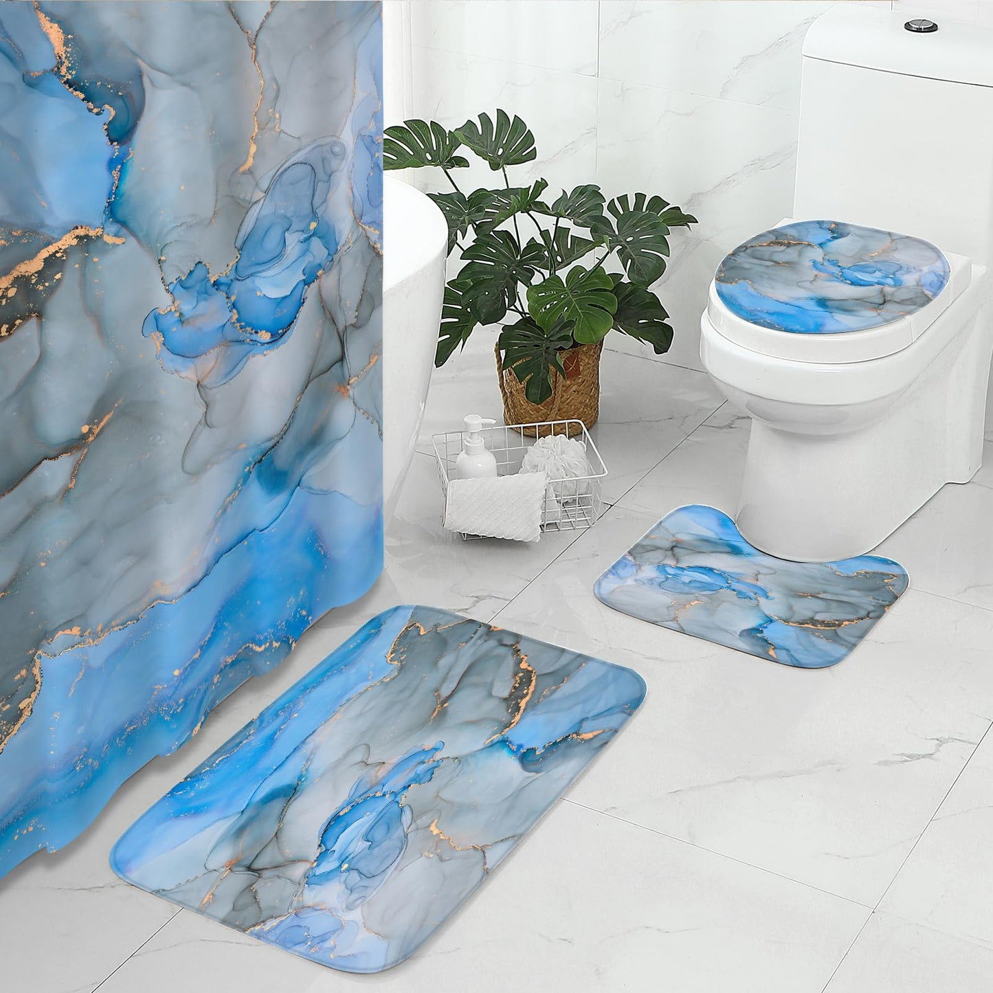 Gibelle 4 Pcs Bathroom Shower Curtain Set with Non-Slip Rugs, Toilet Lid Cover and Bath Mat, Grey Blue Marble Bathroom Decor Set with Shower Curtain and Rugs and Accessories BST326H