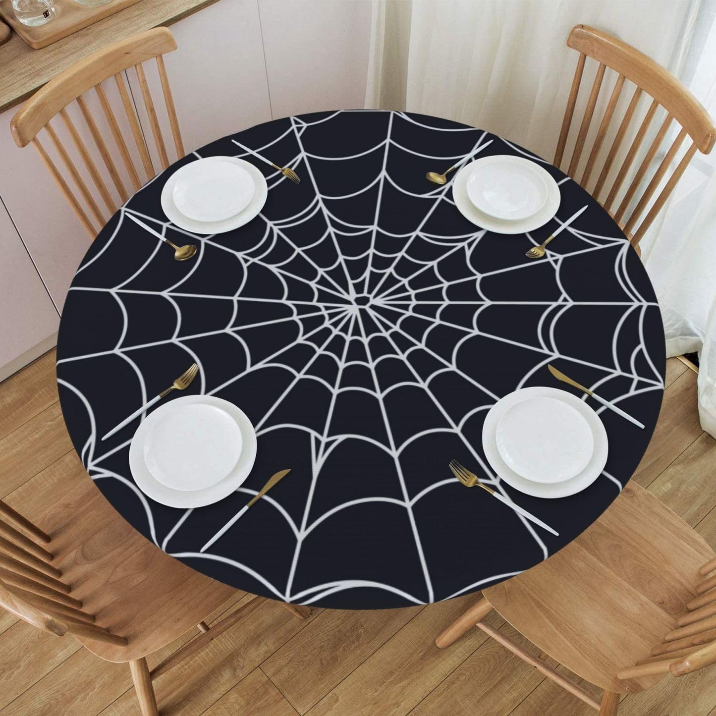 Blue Petal Mandala Pattern Tablecloth with Elastic Edge, Round Table Cover Washable Reusable Bohemian Table Cloths for Kitchen Dining Party, Medium (Fits 45-50 in) BST202
