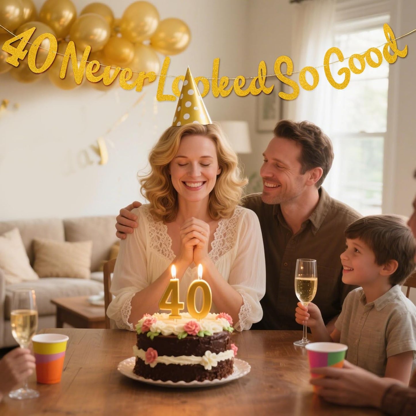 40 Never Looked So Good Banner, Gold Glitter Funny Party Banner Pre-Strung 40th Anniversary Decorations for Anniversary and Birthday Party Decorations WN420