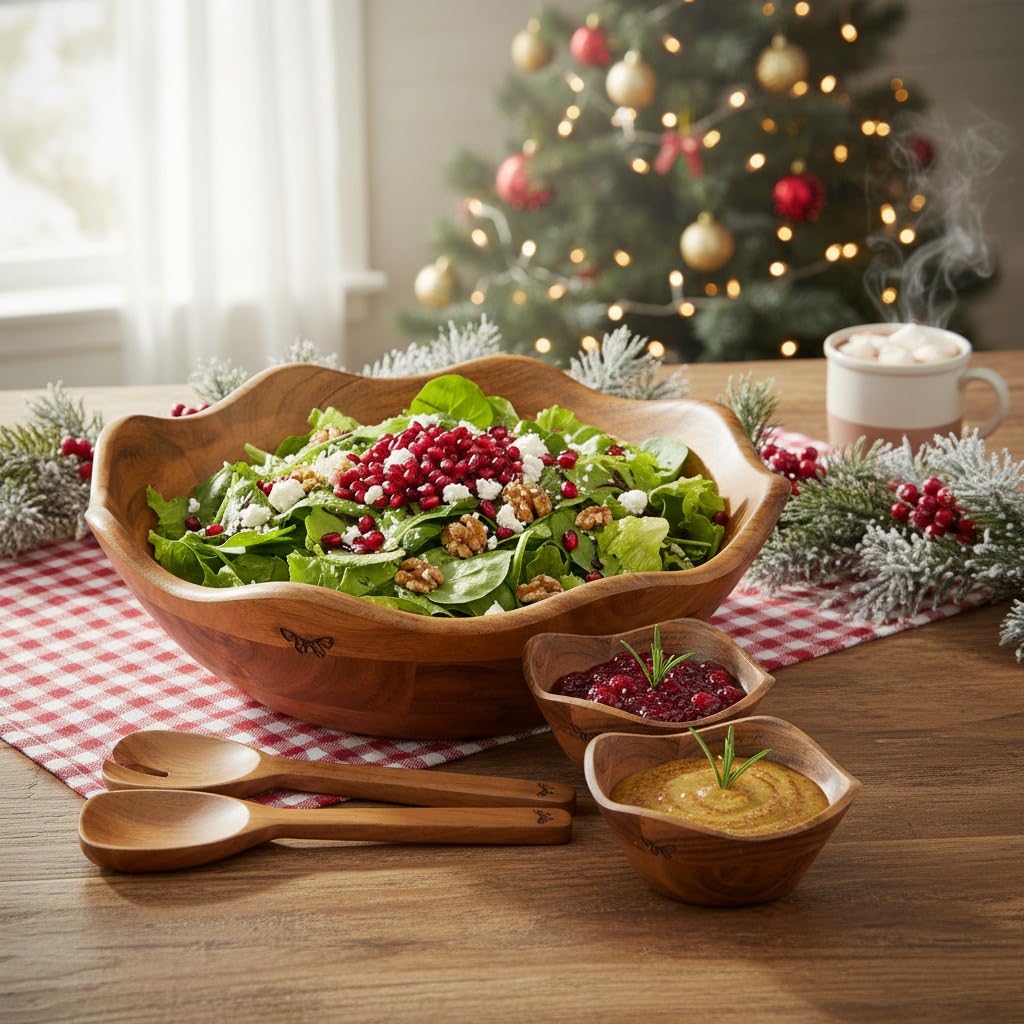 Melvvi Large Wooden Salad Bowl Set with 2 Serving Utensils | 12" Acacia Wood Bowls for Food | Great Mothers Day gift (Natural Set of 3) BST220