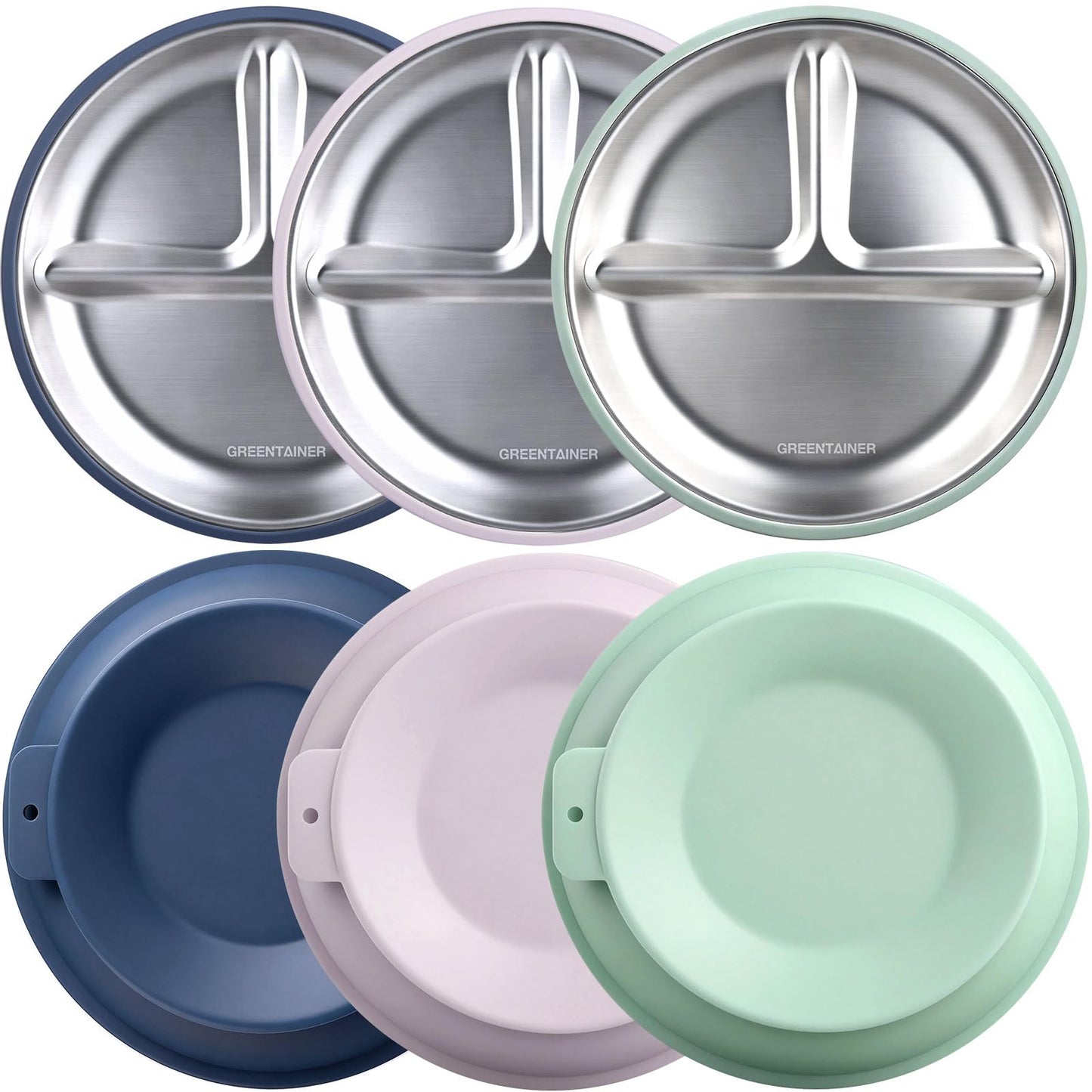 Greentainer 3 Pack Stainless Steel Baby Plates with Suction, Divided Toddler Plates with Removable Silicone Sleeves, Unbreakable Kids Dishes for Dinner & Snack, Non-Toxic, Dishwasher Safe BST326H