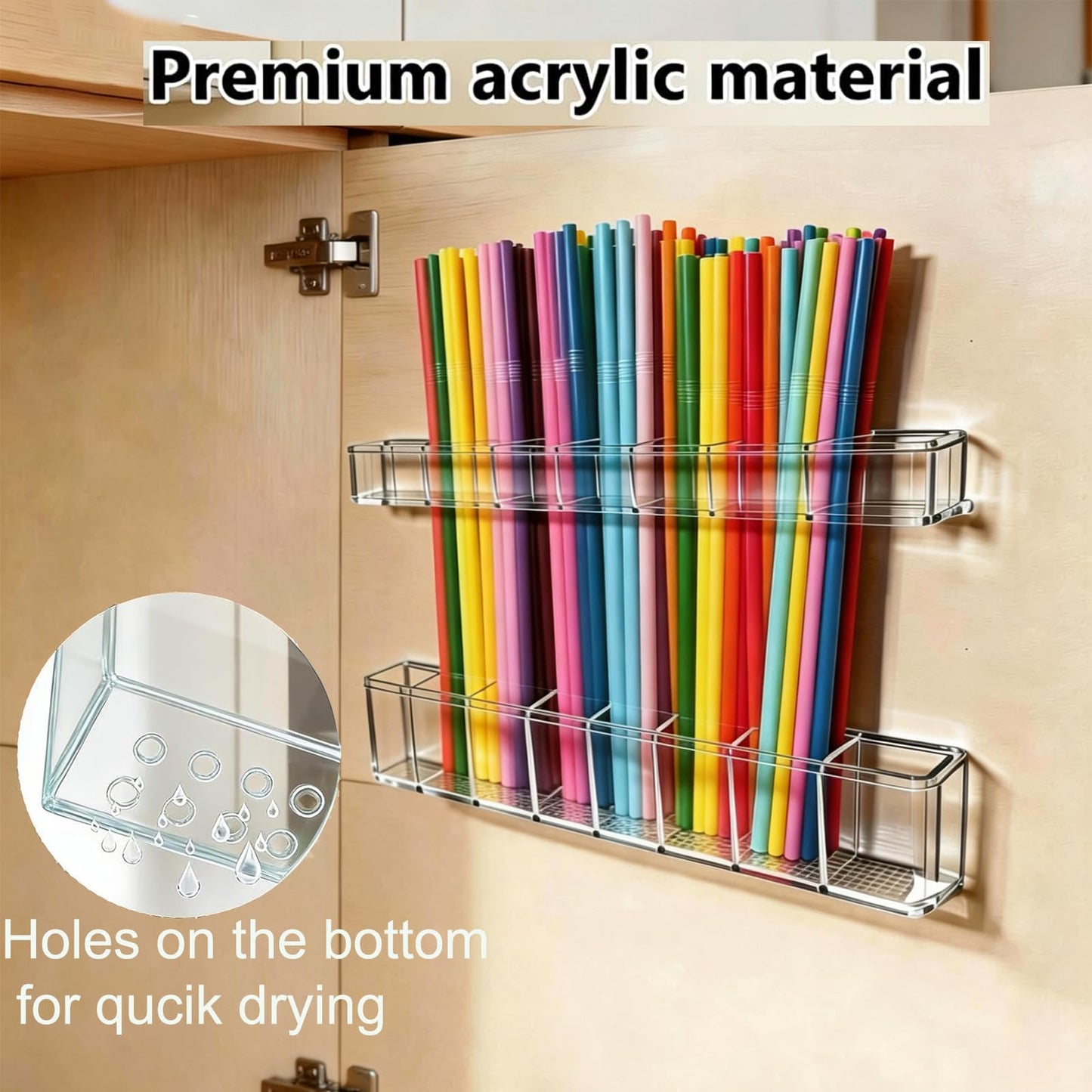 9.8 inch double-layer removable and washable Large Acrylic Cabinet Straw Holder Organizer with Traceless Nano Adhesive – Space-Saving Storage Rack for Cabinet Door, Clear Black Straw Cabinet Holder BST202