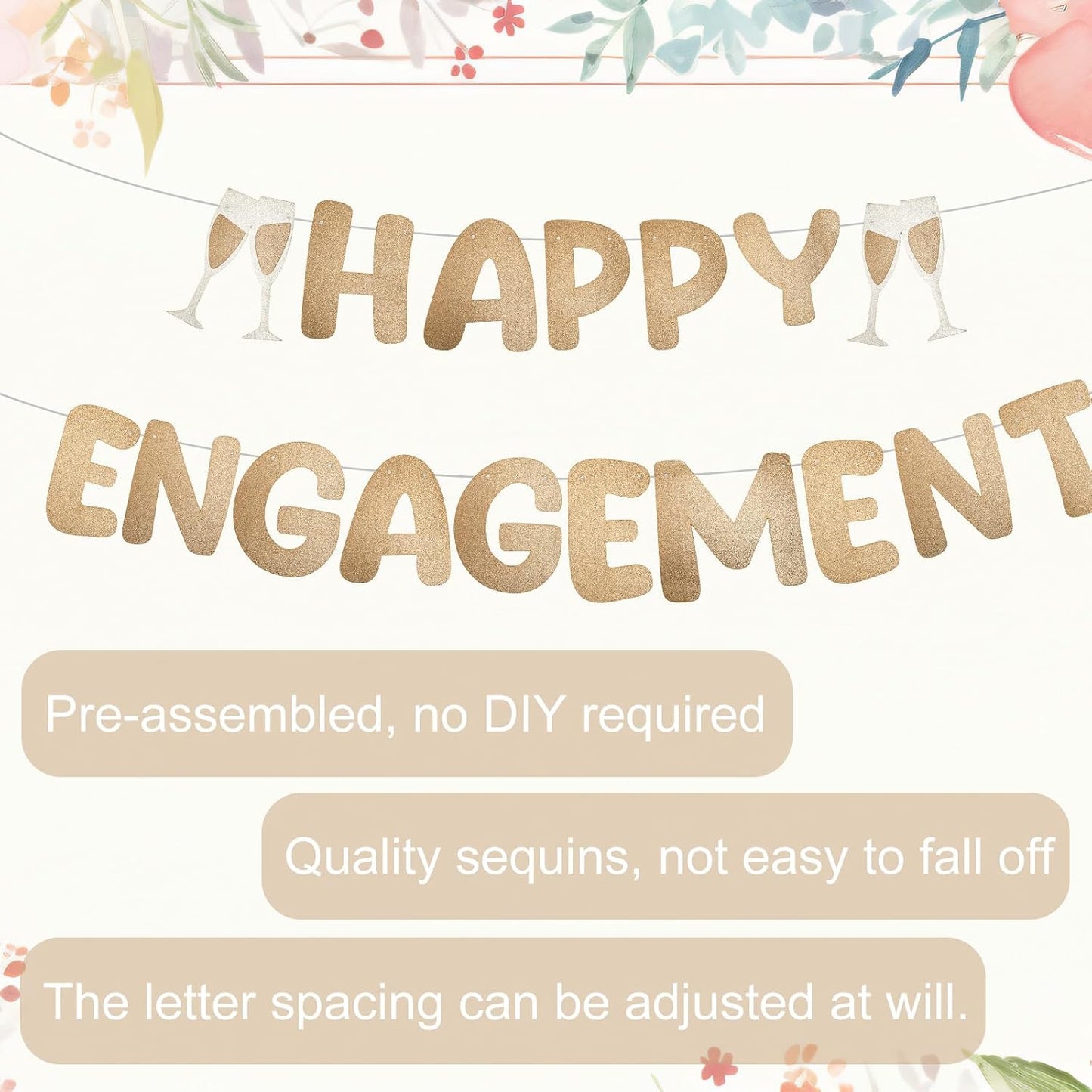 Happy Engagement Banner, Pre-Strung Glitter Engagement Party Decorations Congratulations Engaged Banner Wedding Bachelorette Party Supplies (Champagne Gold) BST202
