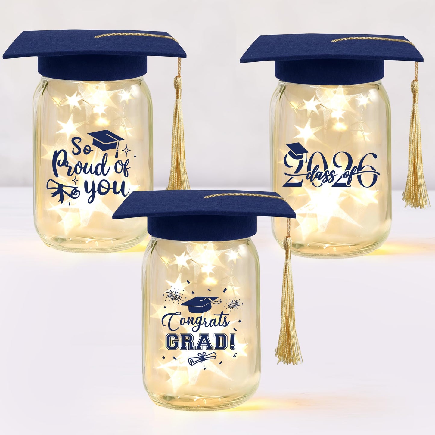 3 Sets 2026 Graduation Centerpieces for Tables, Glowing Mason Jar Centerpieces with Graduation Caps, Glowing Money Jars for College High School Congrats Grad Party Decor Supplies WN420
