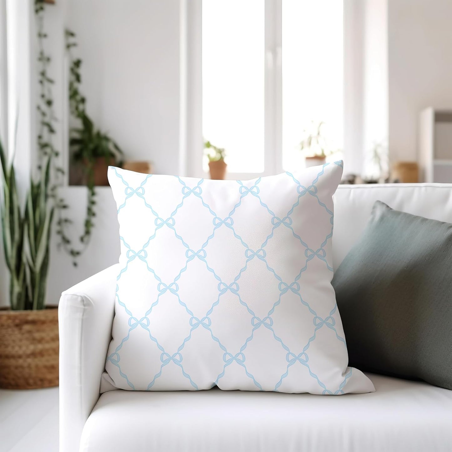 Blue Coquette Bow Pillow Covers 18x18 Double-Sided, Coquette Room Decor,Coquette Stuff, Bow Room Decor， Girly Bedroom Decor BST326L