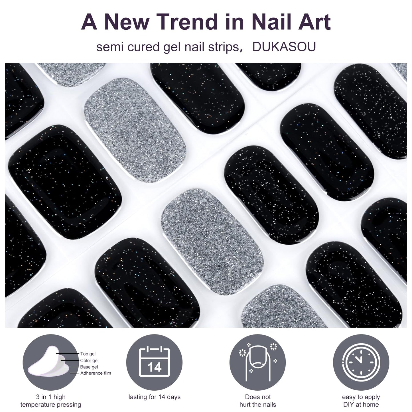 Semi Cured Gel Nail Strips, 56Pcs Nail Art Stickers/Wraps, Long Lasting UV Nail Polish Strips for Adults (Silver Rhinestones+French Tip Glitter) BST220