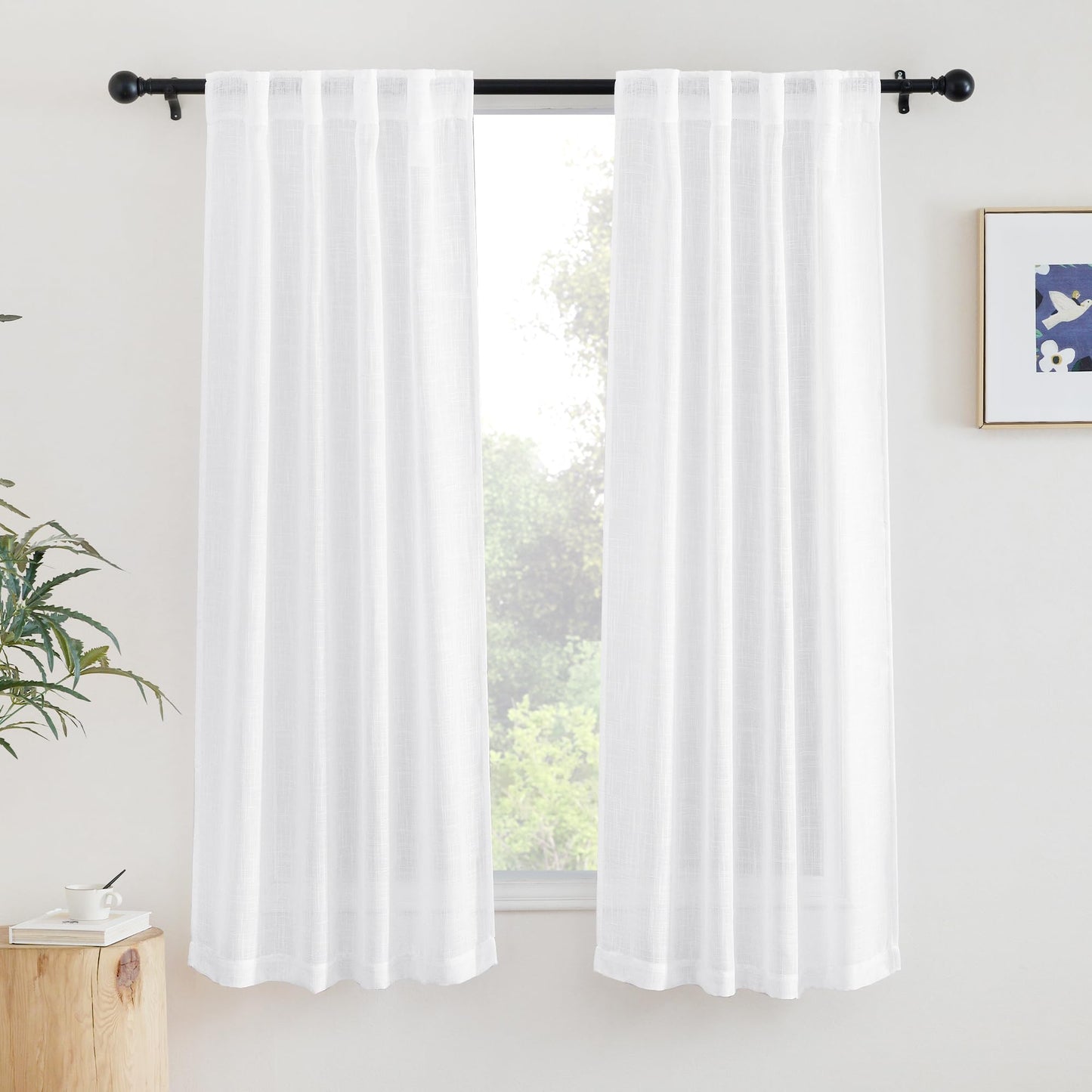 NICETOWN White Semi Sheer Kitchen Curtains 30 inch Length, Rod Pocket & Back Tab Faux Linen Blend Privacy with Light Filtering Window Drapes for Cafe, W34 x L30, 2 Panels BST220