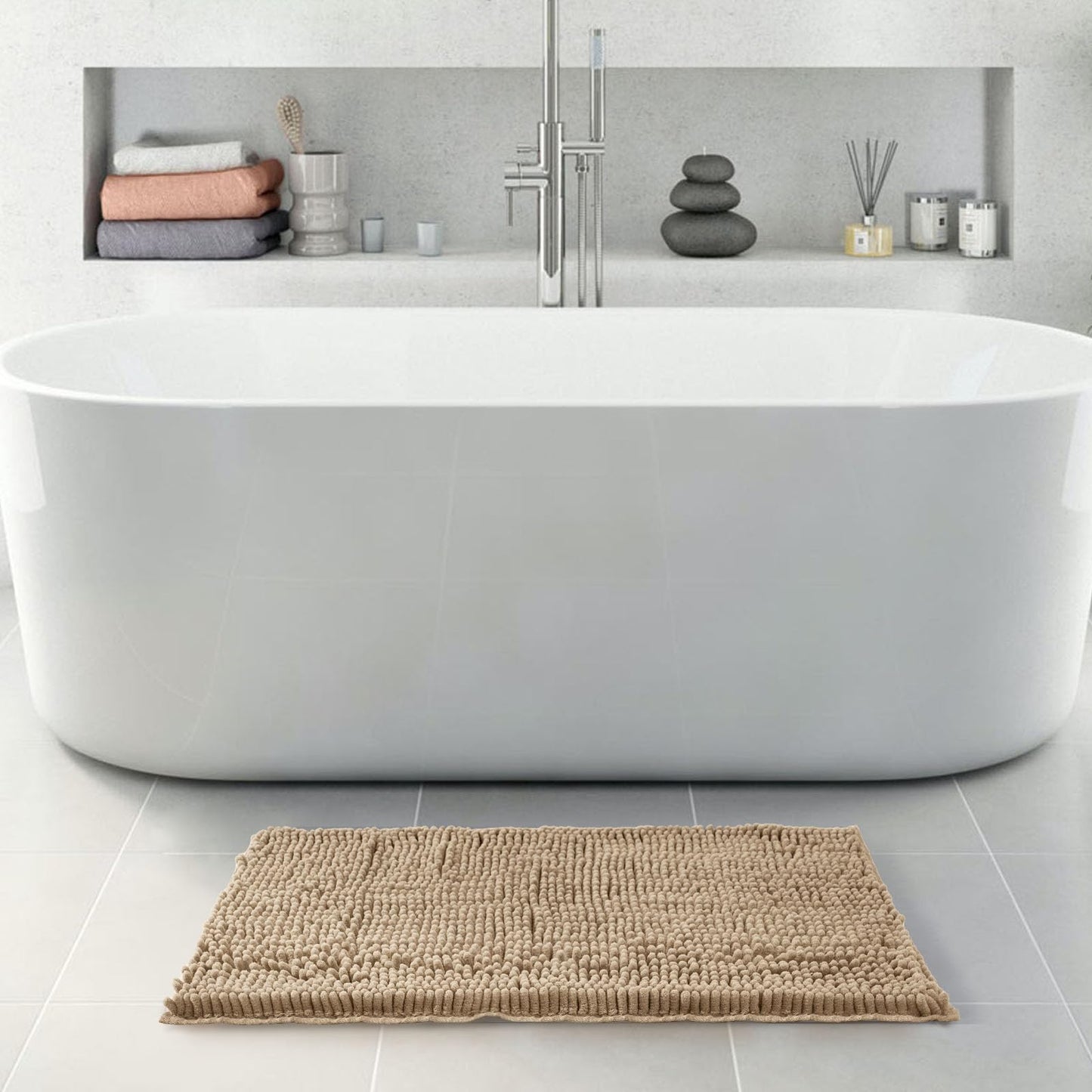 FRESHMINT Chenille Bathroom Rugs Mat 24"x17", Non-Slip Bath Mat for Bathroom Floor & Bathtub, Washable Soft Shower Shag Bath Rugs, Fluffy Thick Water Absorbent Microfiber Shower Mat, Sage Green BST220
