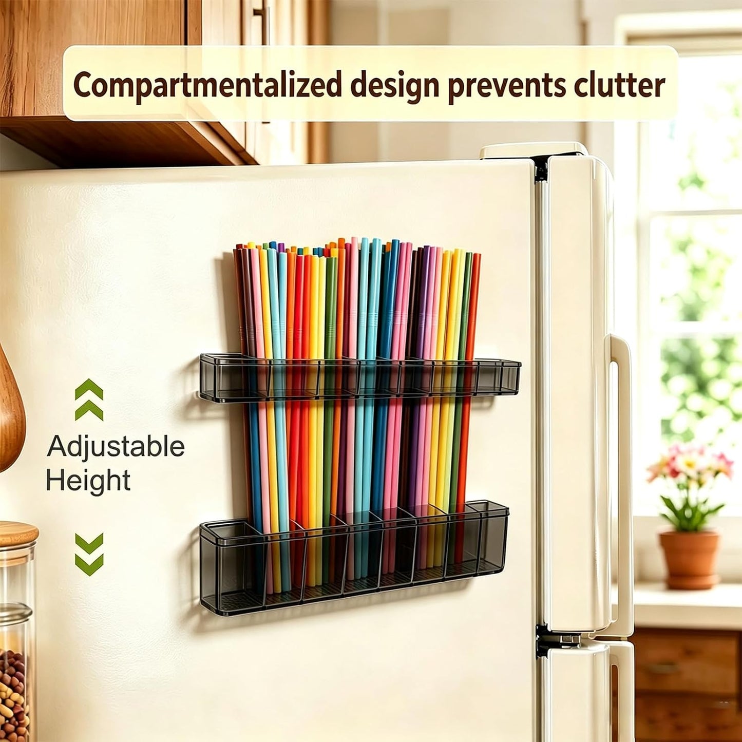 9.8 inch double-layer removable and washable Large Acrylic Cabinet Straw Holder Organizer with Traceless Nano Adhesive – Space-Saving Storage Rack for Cabinet Door, Clear Black Straw Cabinet Holder BST202