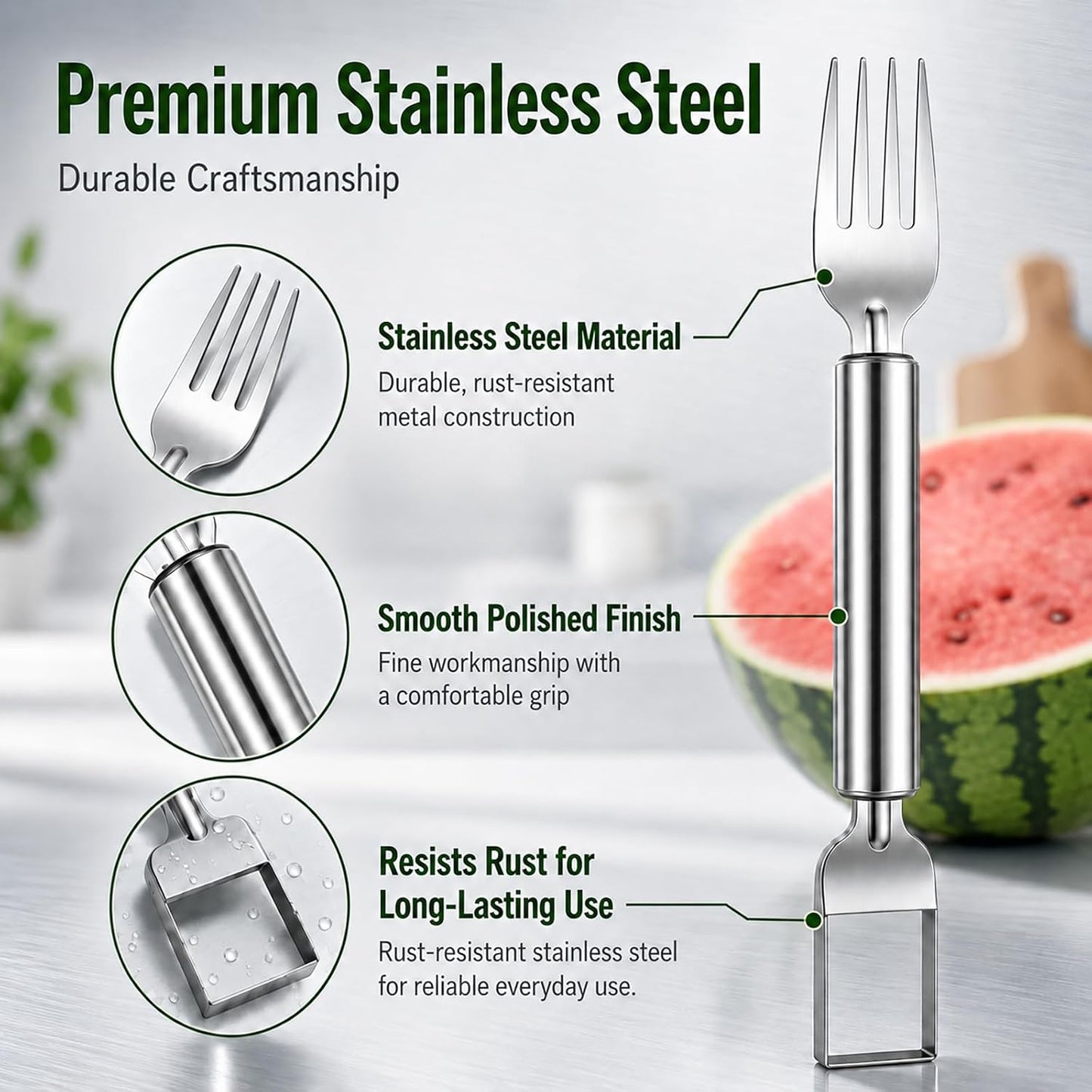 3 PCS Watermelon Cutter, 2-in-1 Watermelon Slicer & Fork, Stainless Steel Watermelon Cube Cutter Tool, Portable Dual-Head Melon Fruit Slicer Tools for Home Parties, Picnic, Camping and Kitchen Gadgets BST220