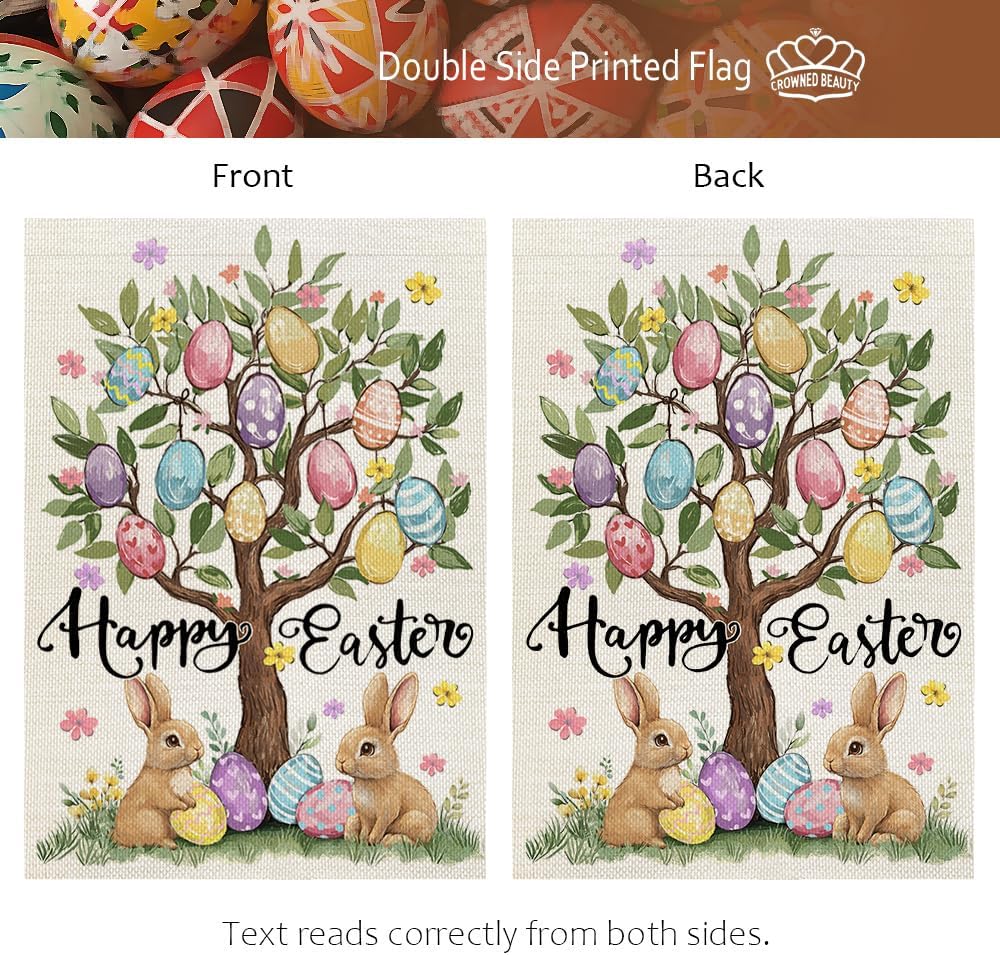 CROWNED BEAUTY Easter Garden Flag Eggs Tree 12x18 Inch Double Sided Bunny Holiday Decoration for Outdoor Lawn Yard WN420